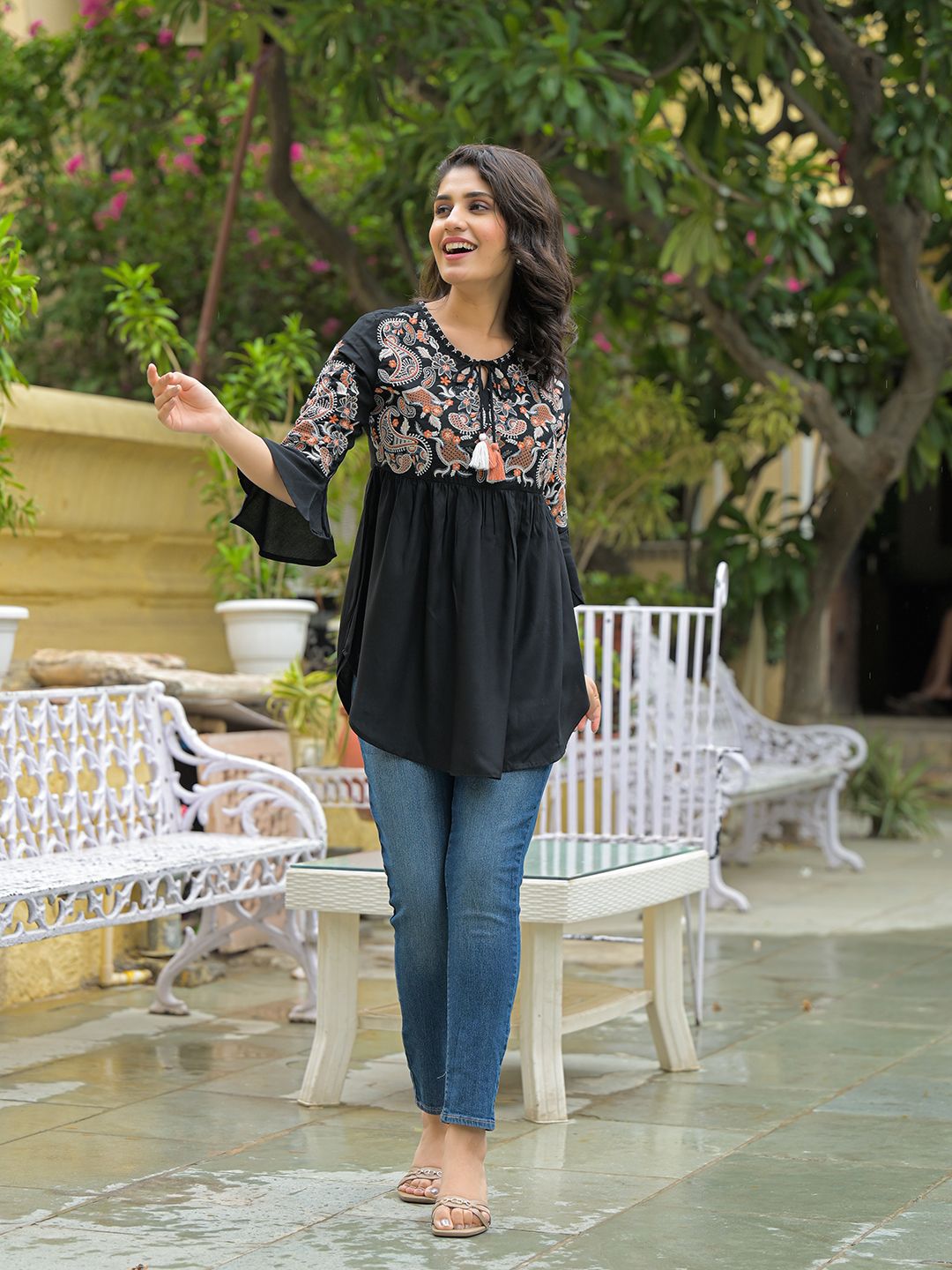 Daisy Dreams Embroidered Short Kurti - Black