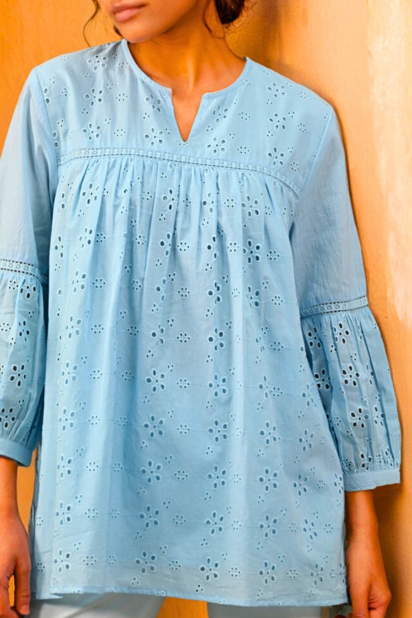 Aura Belle Embroidered Schiffli Kurti - Blue