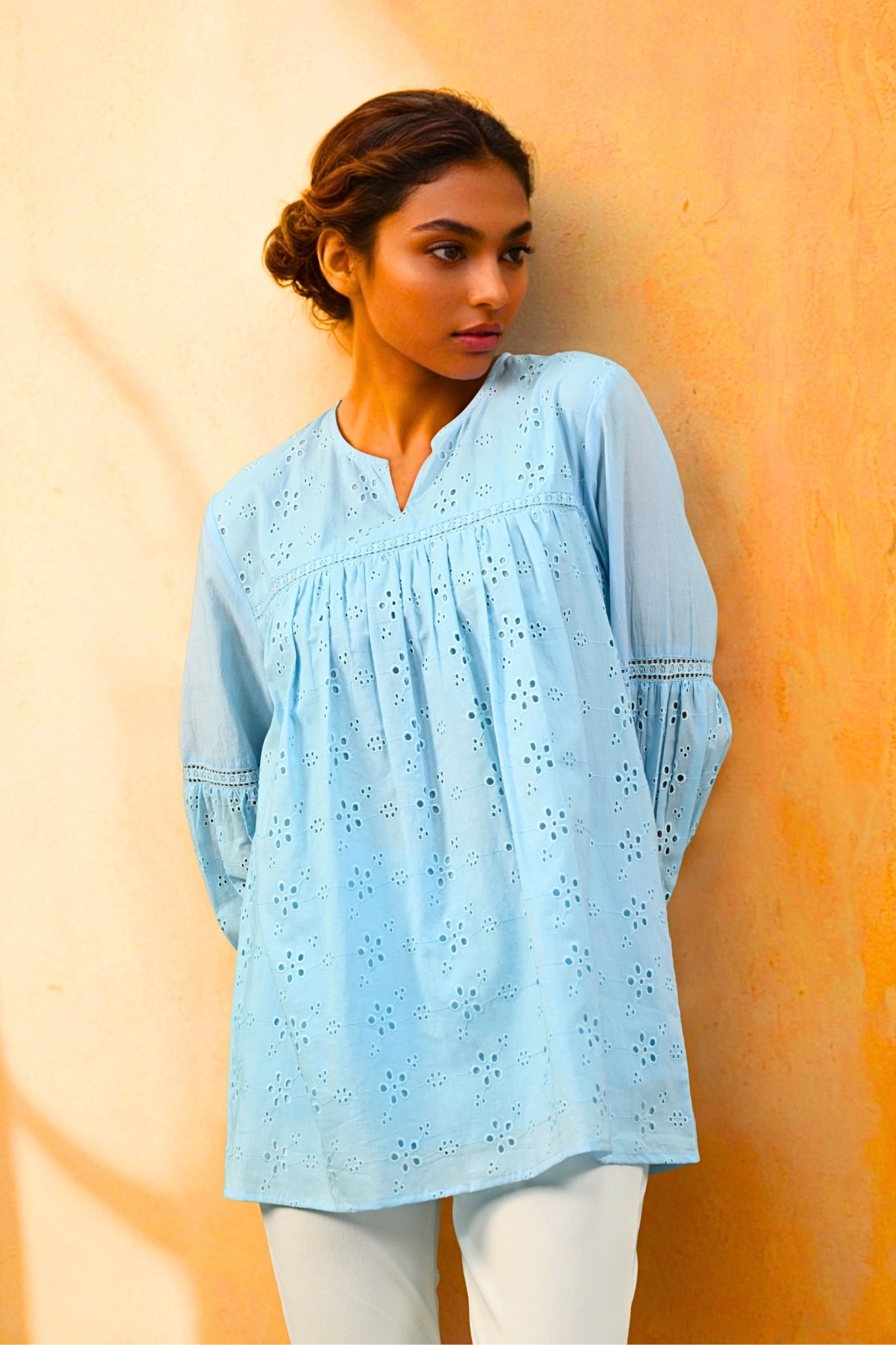 Aura Belle Embroidered Schiffli Kurti - Blue