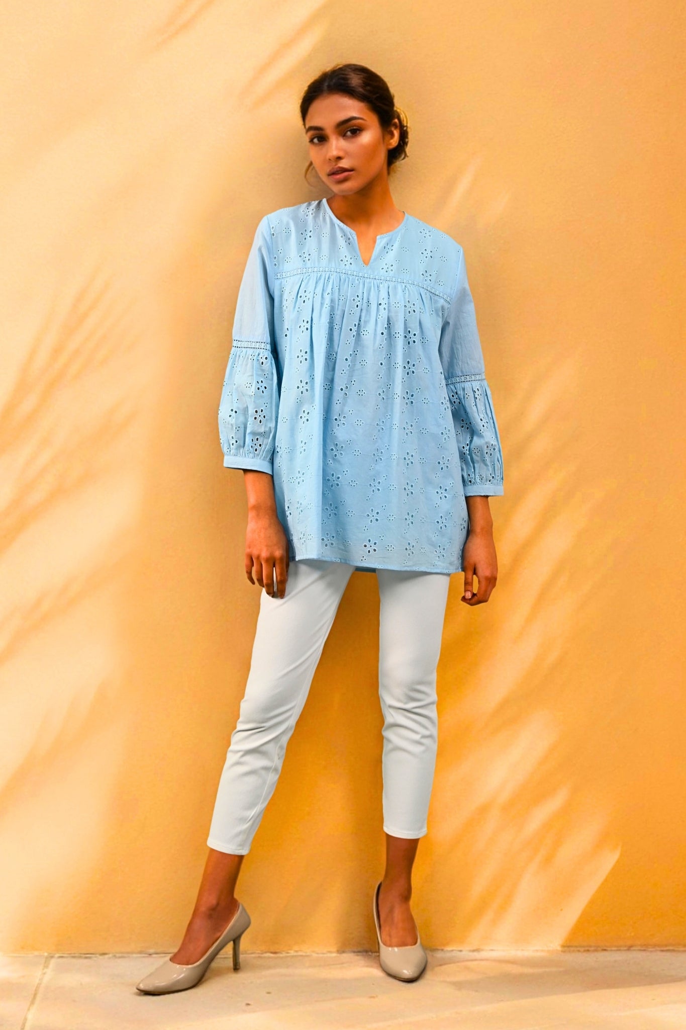 Aura Belle Embroidered Schiffli Kurti - Blue