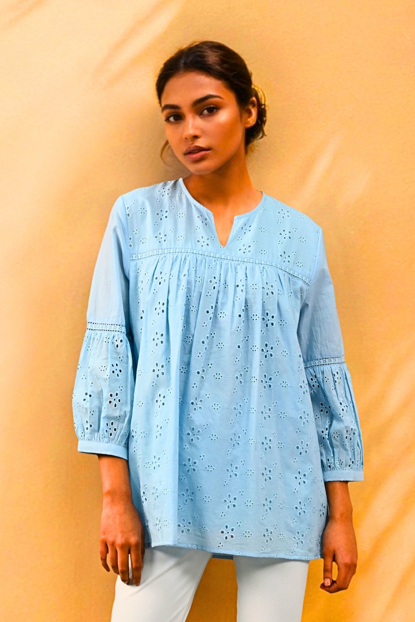 Aura Belle Embroidered Schiffli Kurti - Blue