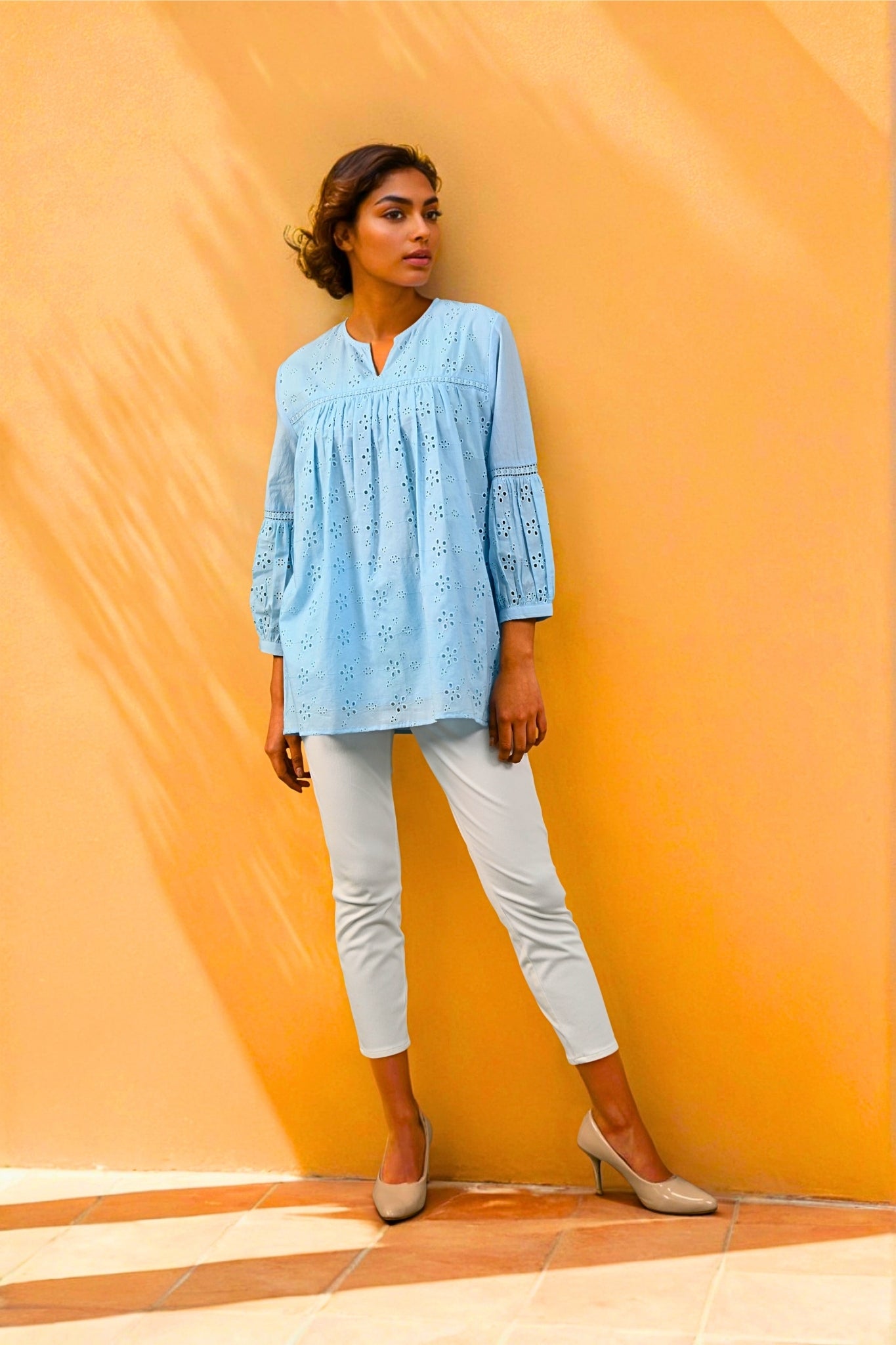Aura Belle Embroidered Schiffli Kurti - Blue