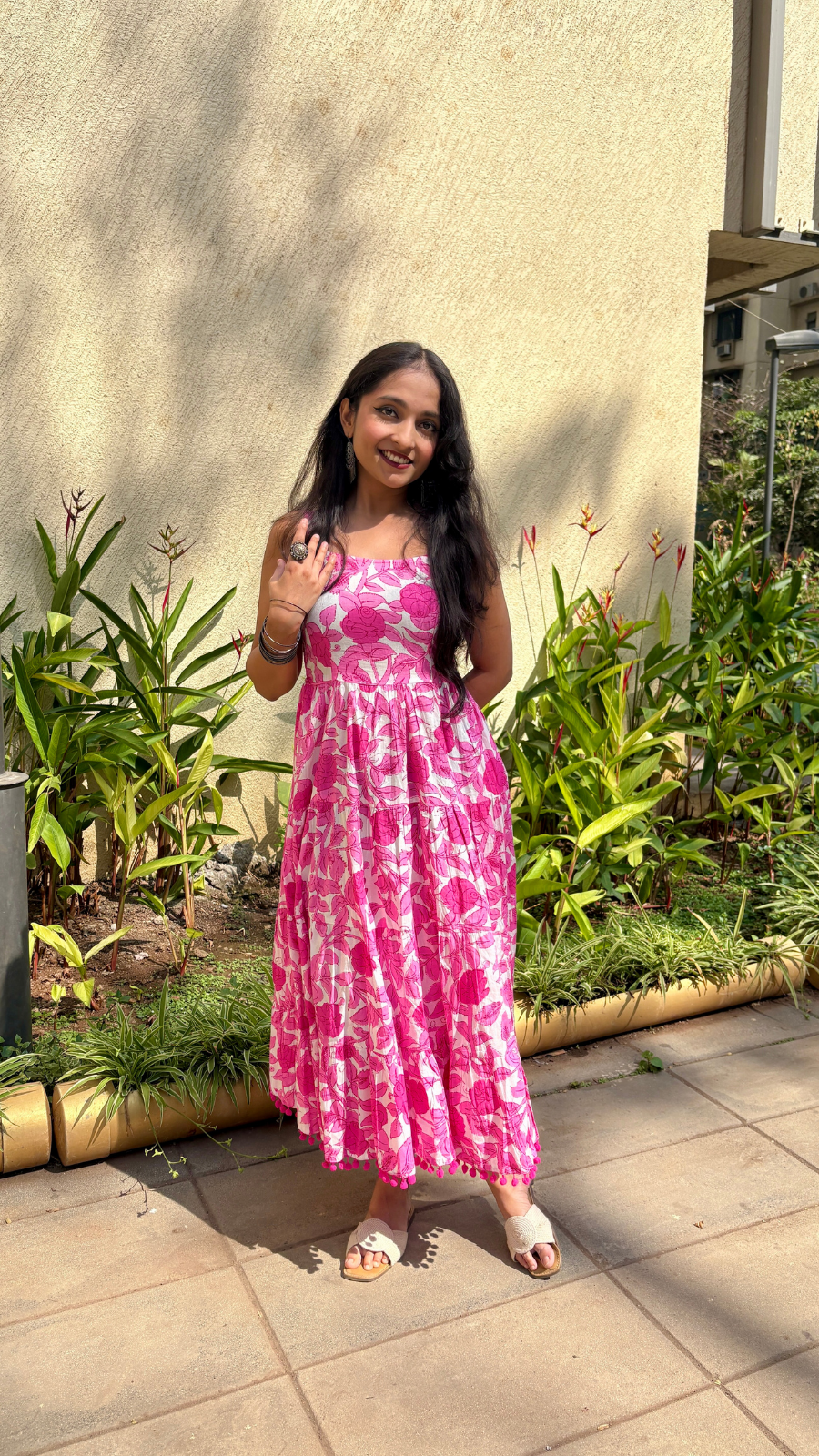 white & Pink Floral Shoulder Strip Long Dress