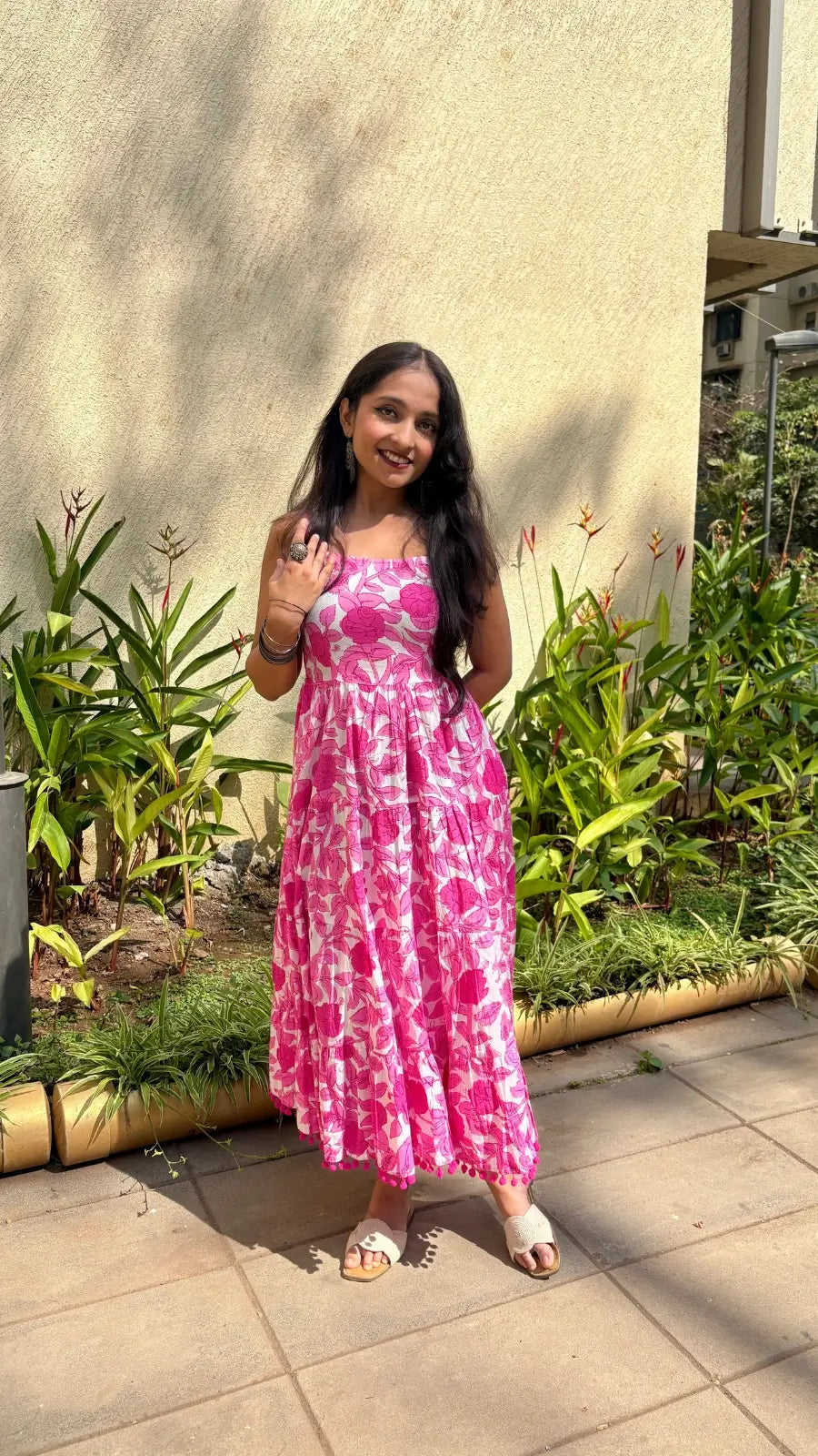 white & Pink Floral Shoulder Strip Long Dress