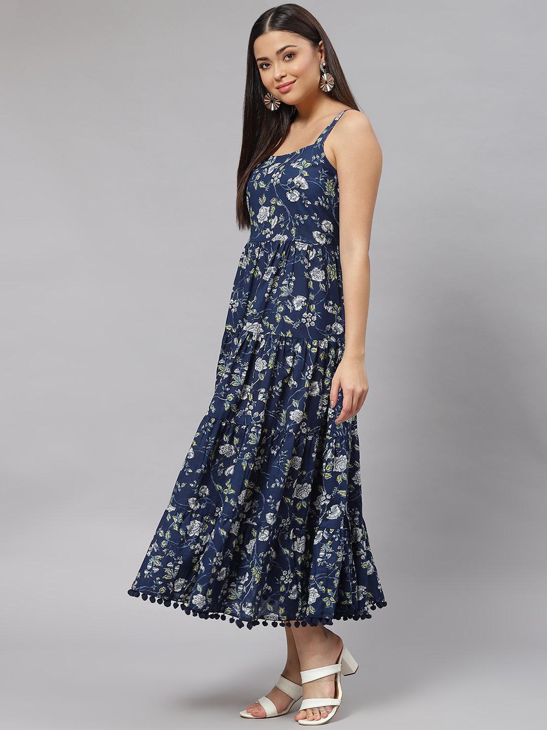  Blue Floral Shoulder Strip Long Dress -  world