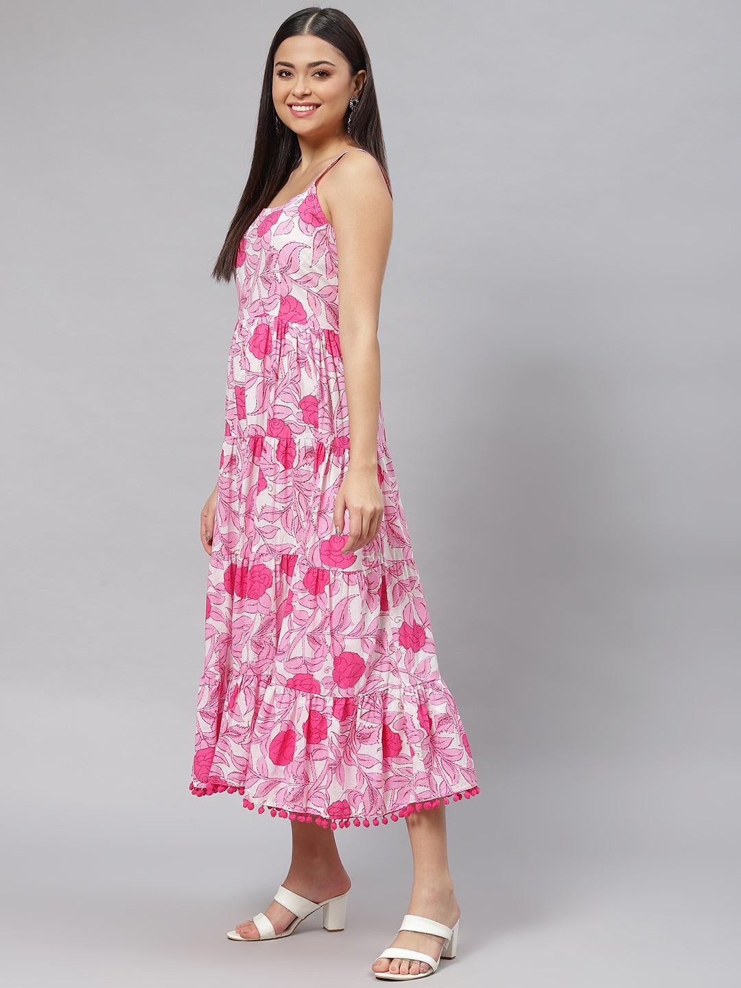  white & Pink Floral Shoulder Strip Long Dress -  world