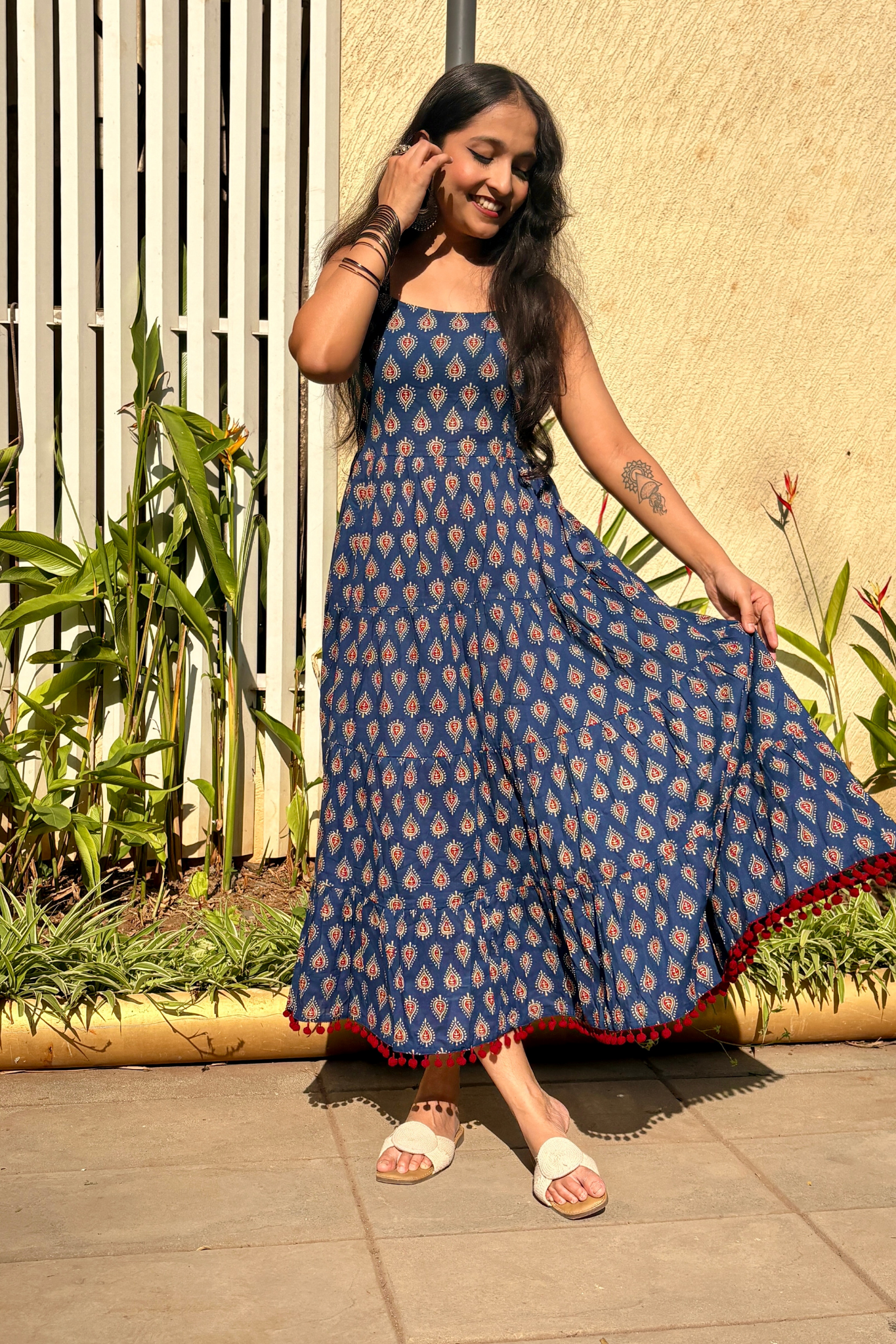 Navy Blue Buti Printed Shoulder Strip Long dress