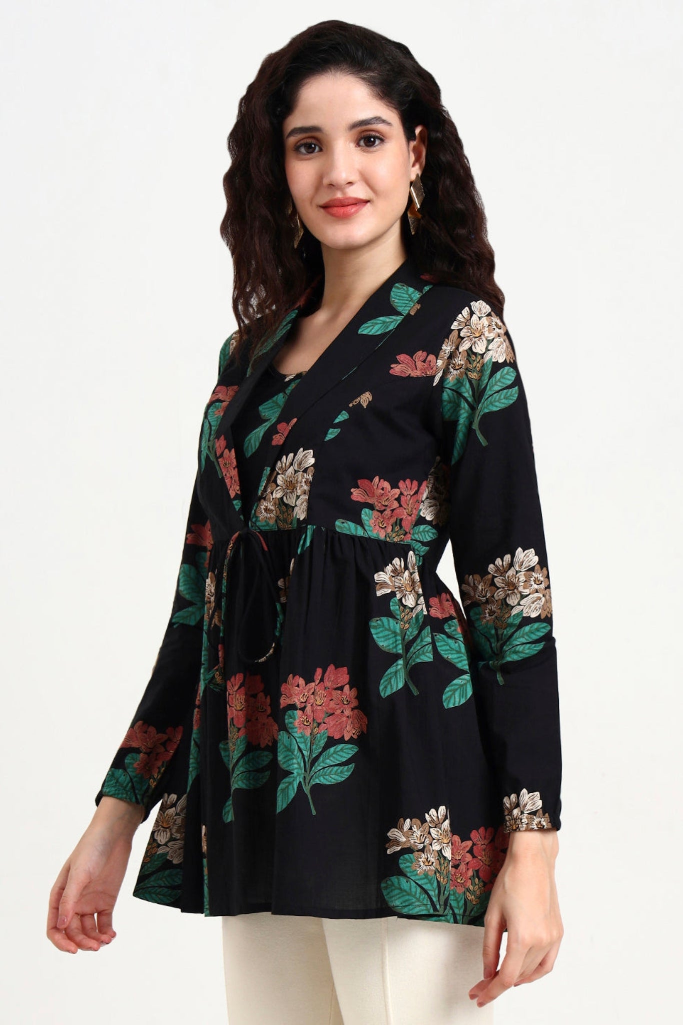 Black Floral Print Cotton Top