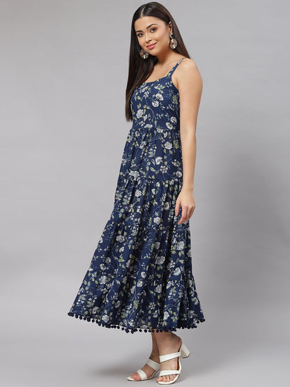  Blue Floral Shoulder Strip Long Dress -  world