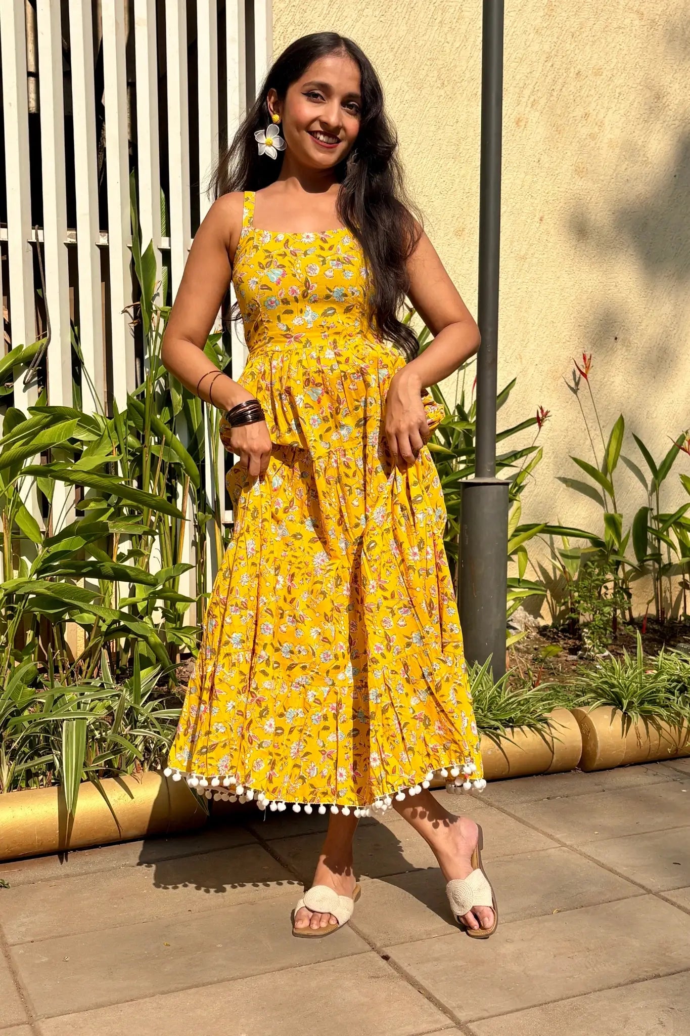 Yellow Floral Shoulder Strip Long Dress
