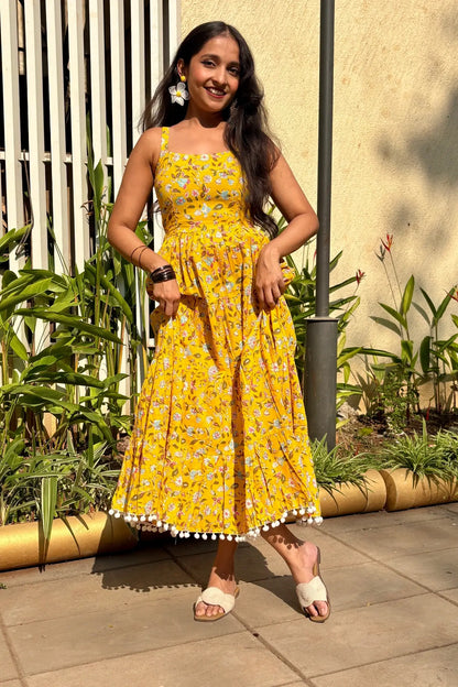 Yellow Floral Shoulder Strip Long Dress