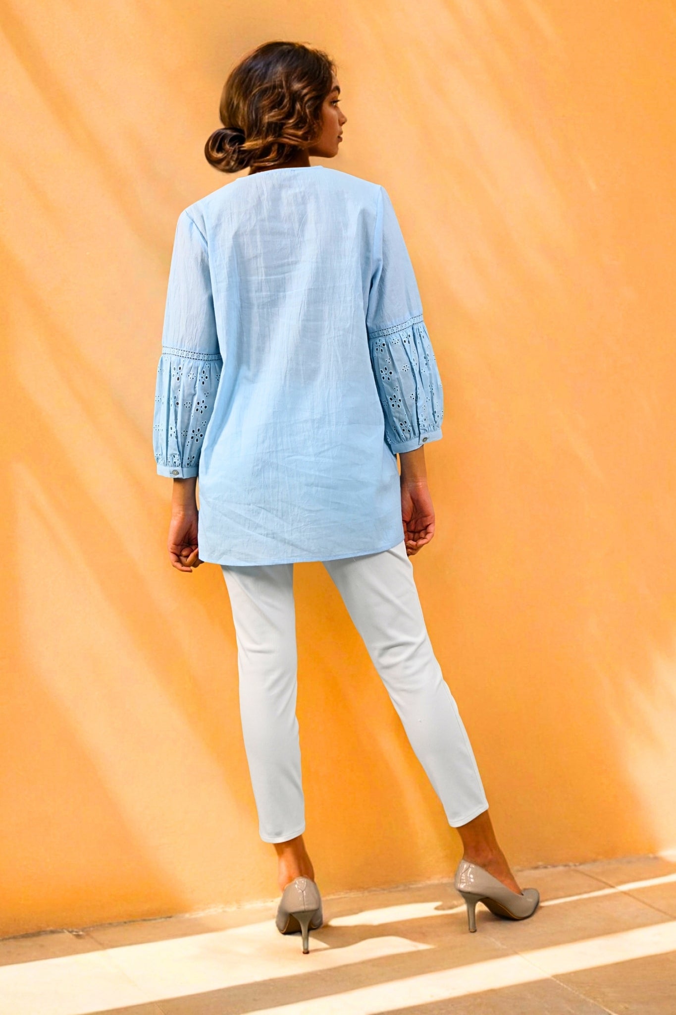 Aura Belle Embroidered Schiffli Kurti - Blue