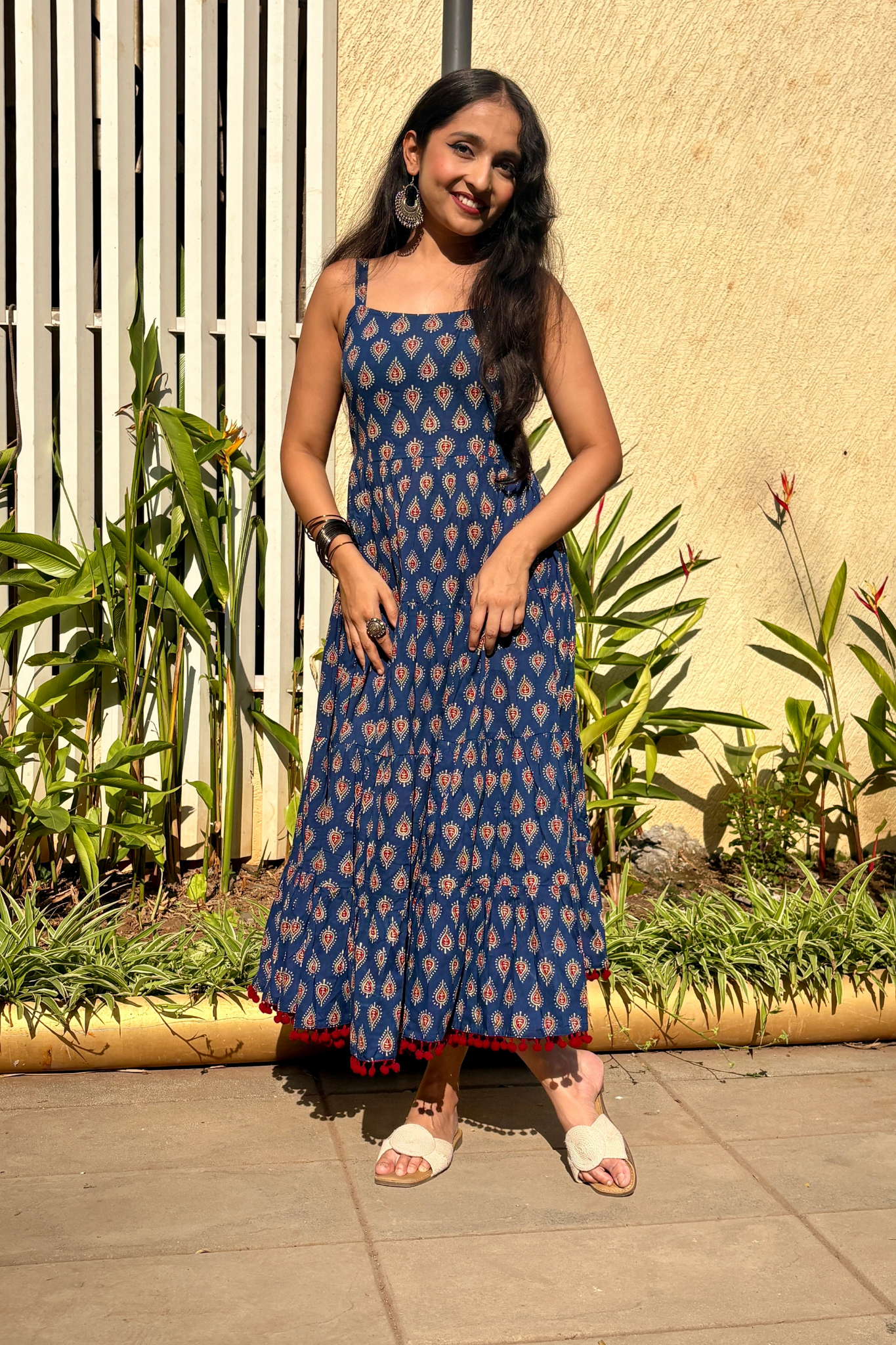 Navy Blue Buti Printed Shoulder Strip Long dress