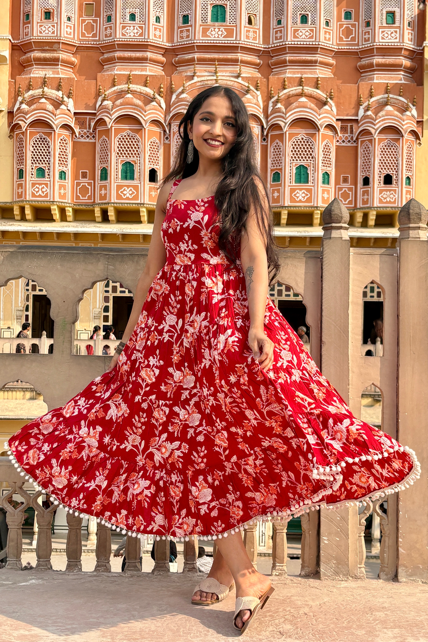 Red Floral Printed Shoulder Strap Long dress