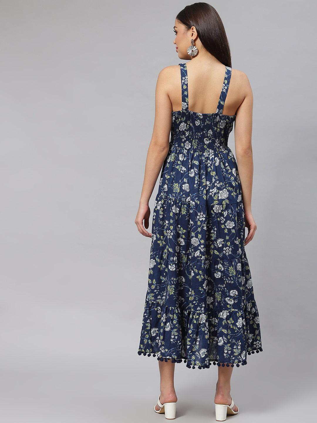  Blue Floral Shoulder Strip Long Dress -  world