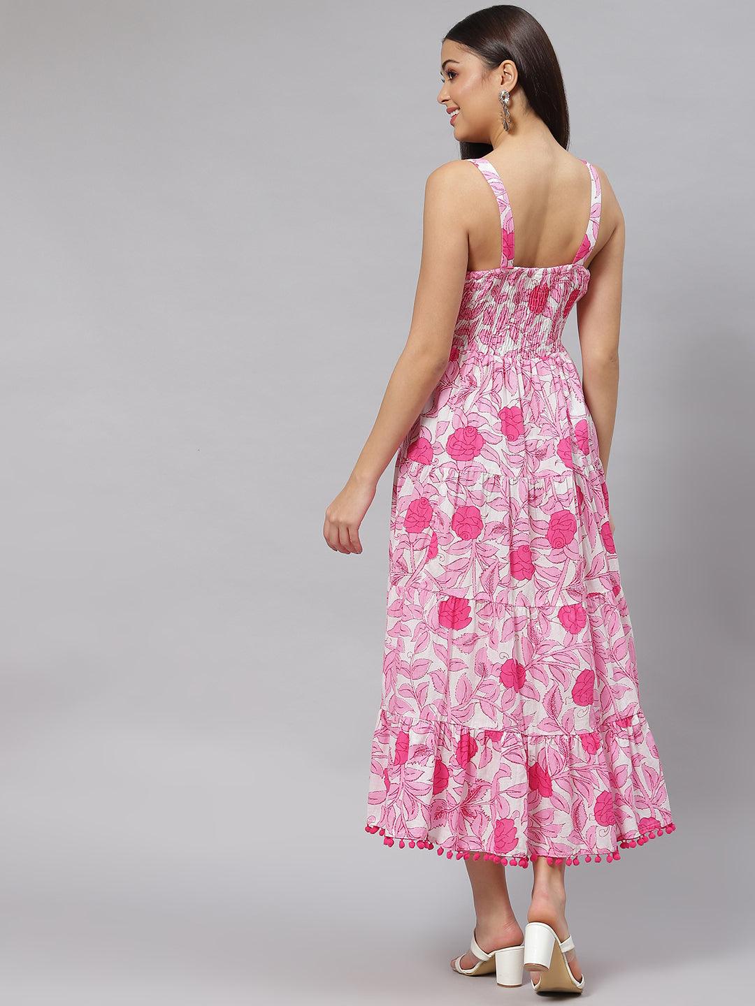  white & Pink Floral Shoulder Strip Long Dress -  world