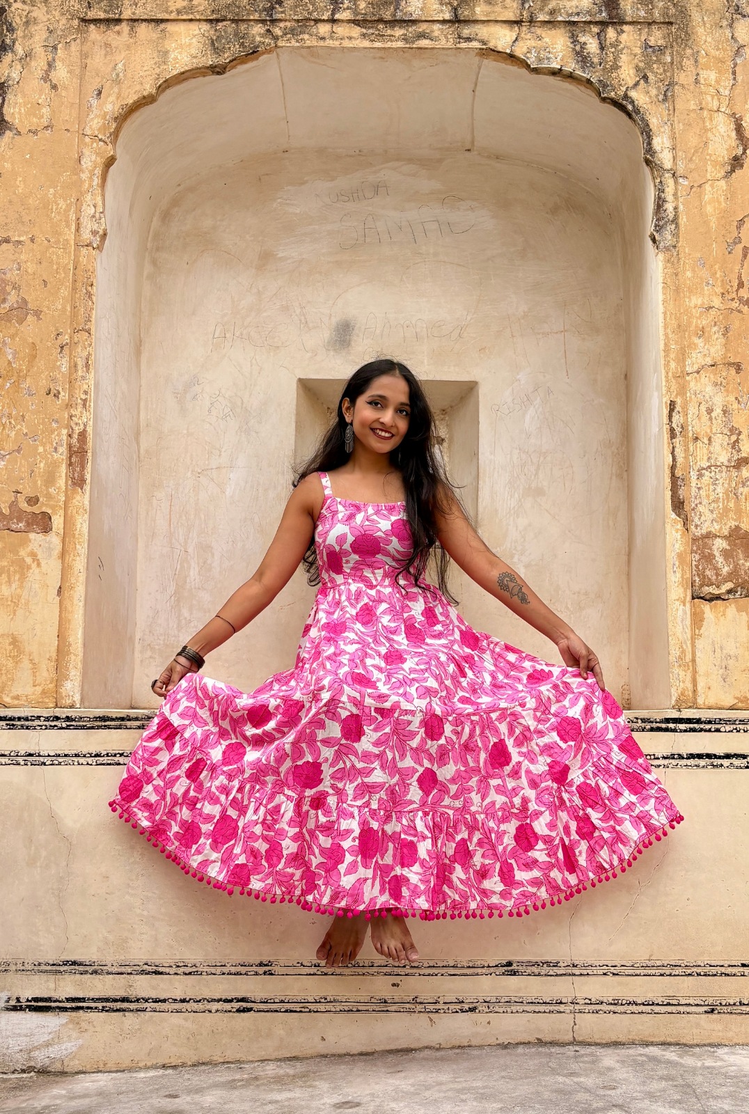 white & Pink Floral Shoulder Strip Long Dress