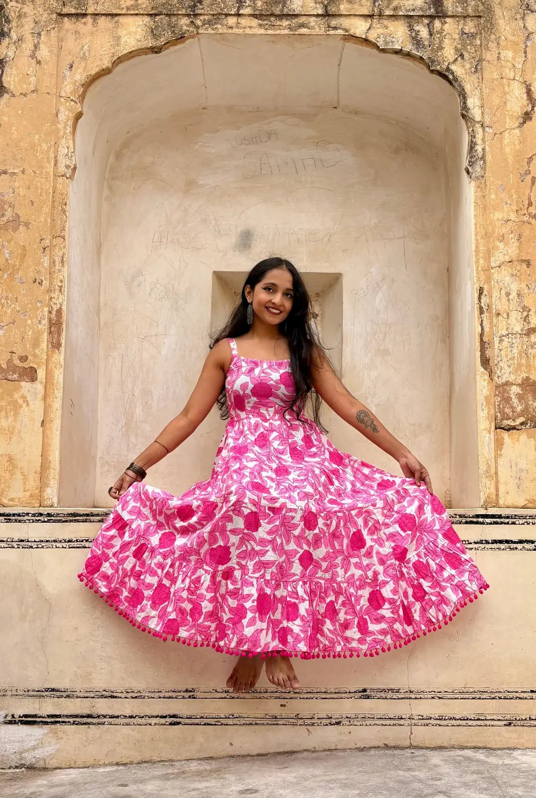 white & Pink Floral Shoulder Strip Long Dress