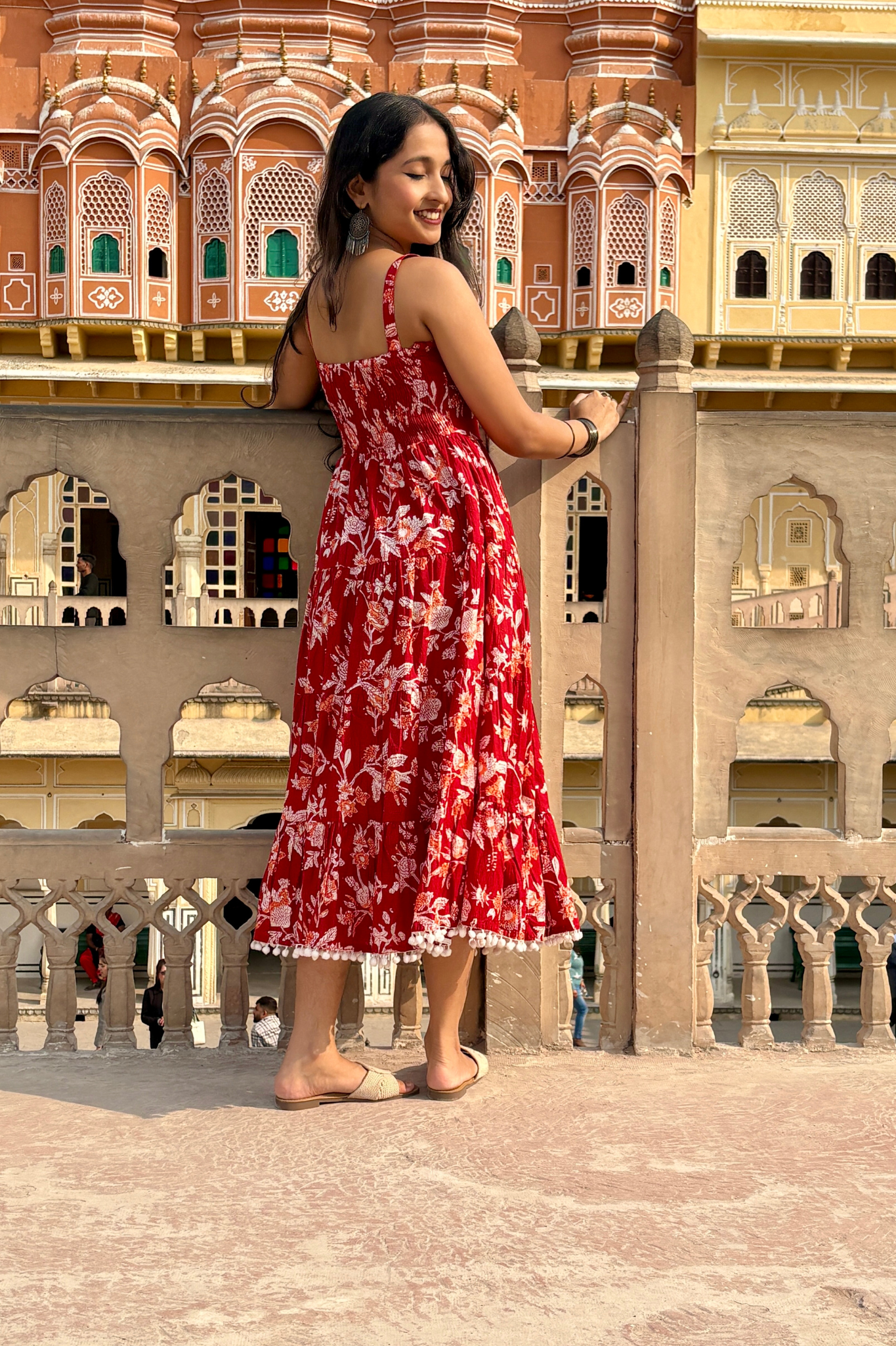 Red Floral Printed Shoulder Strap Long dress