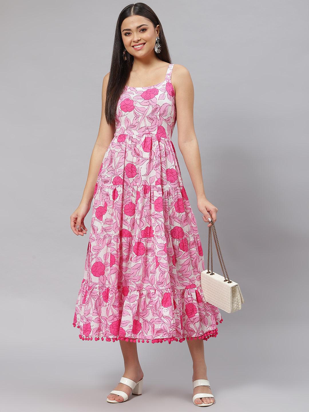  white & Pink Floral Shoulder Strip Long Dress -  world