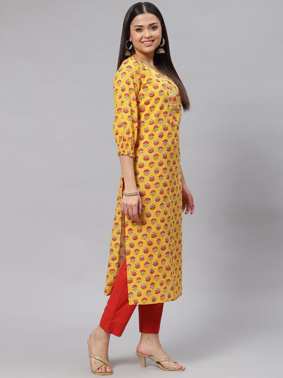  Yellow Floral Cotton Kurta Pant Set with Dupatta -  world