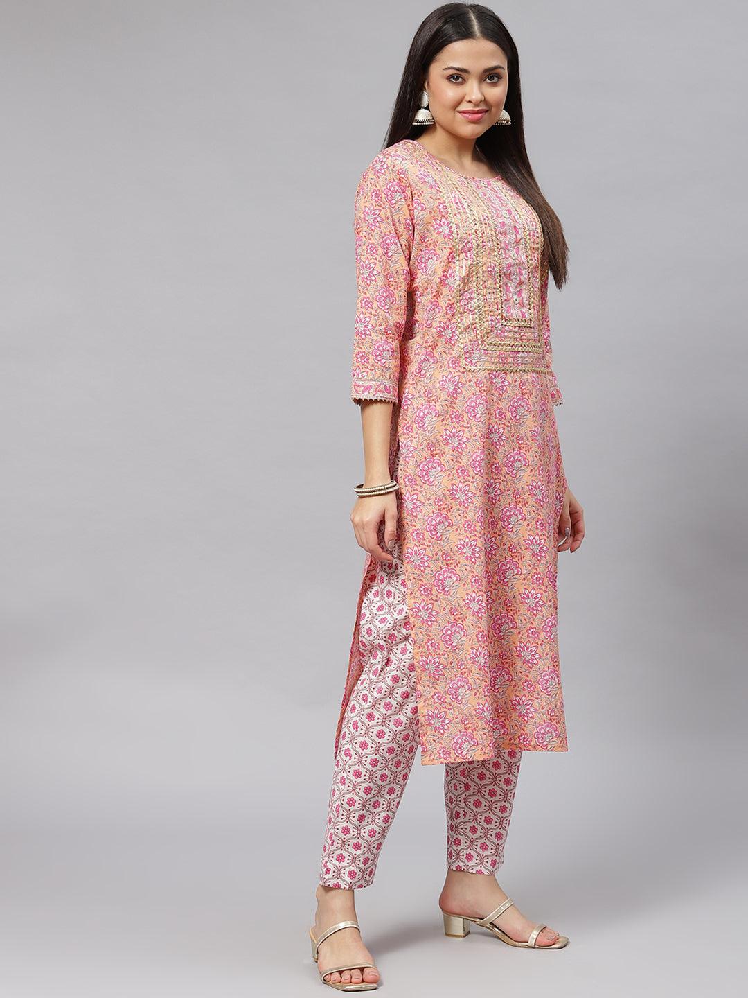  Pink Cotton kurta Pant set with Dupatta -  world