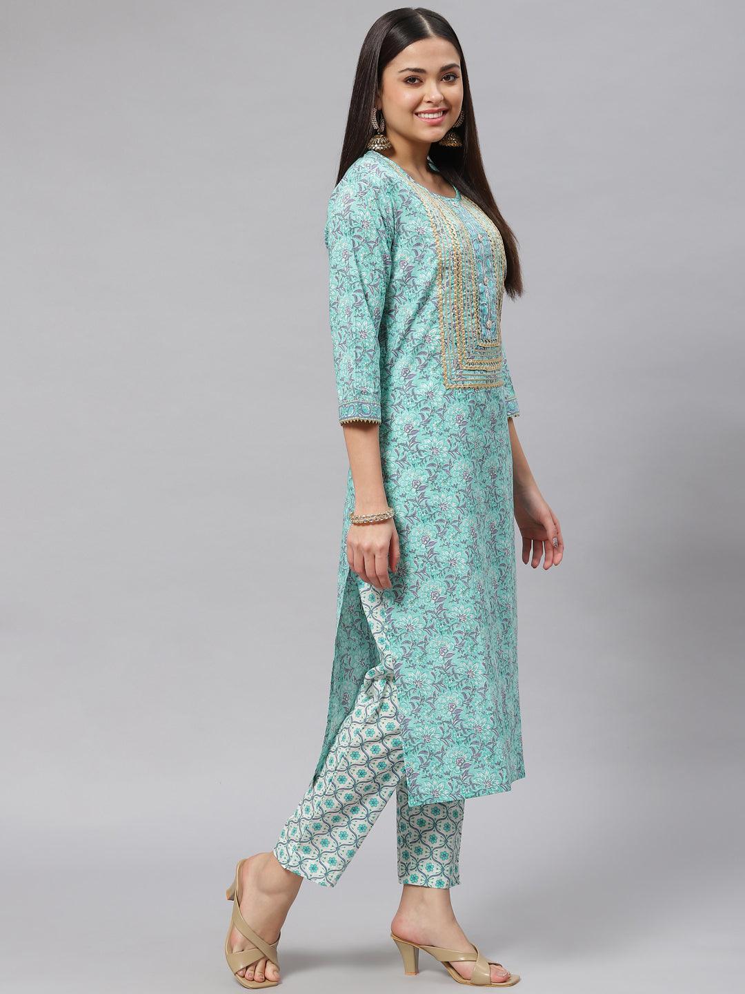  Seagreen Cotton kurta Pant set with Dupatta -  world