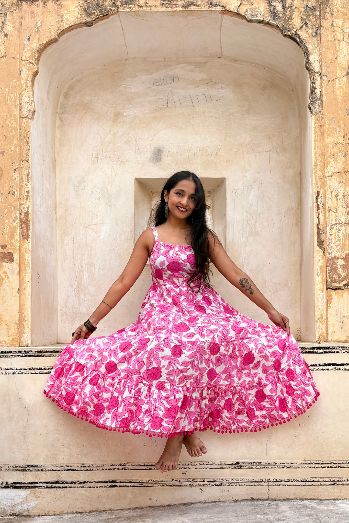 white & Pink Floral Shoulder Strip Long Dress