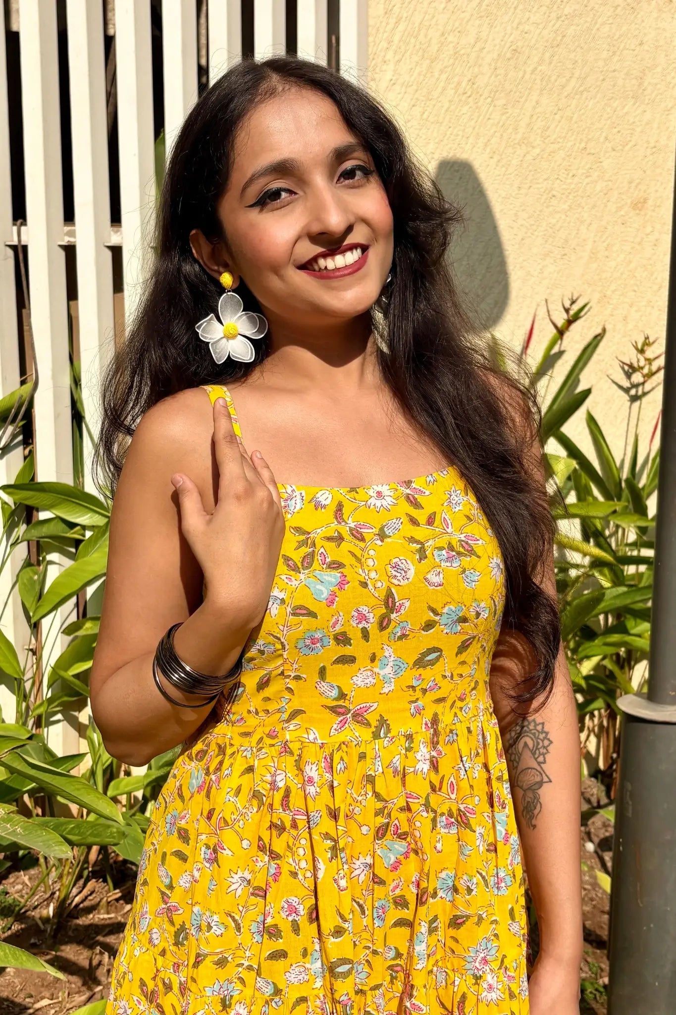 Yellow Floral Shoulder Strip Long Dress