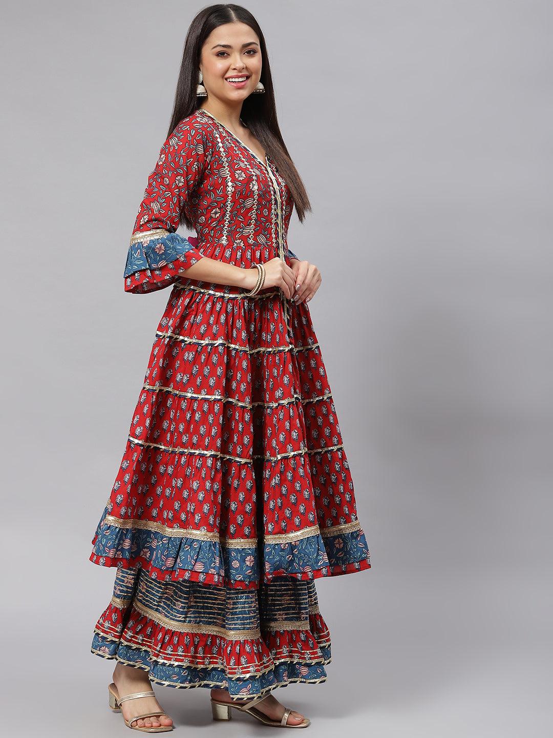  Maroon & Blue Anarkali Kurta Sharara Set with Dupatta -  world