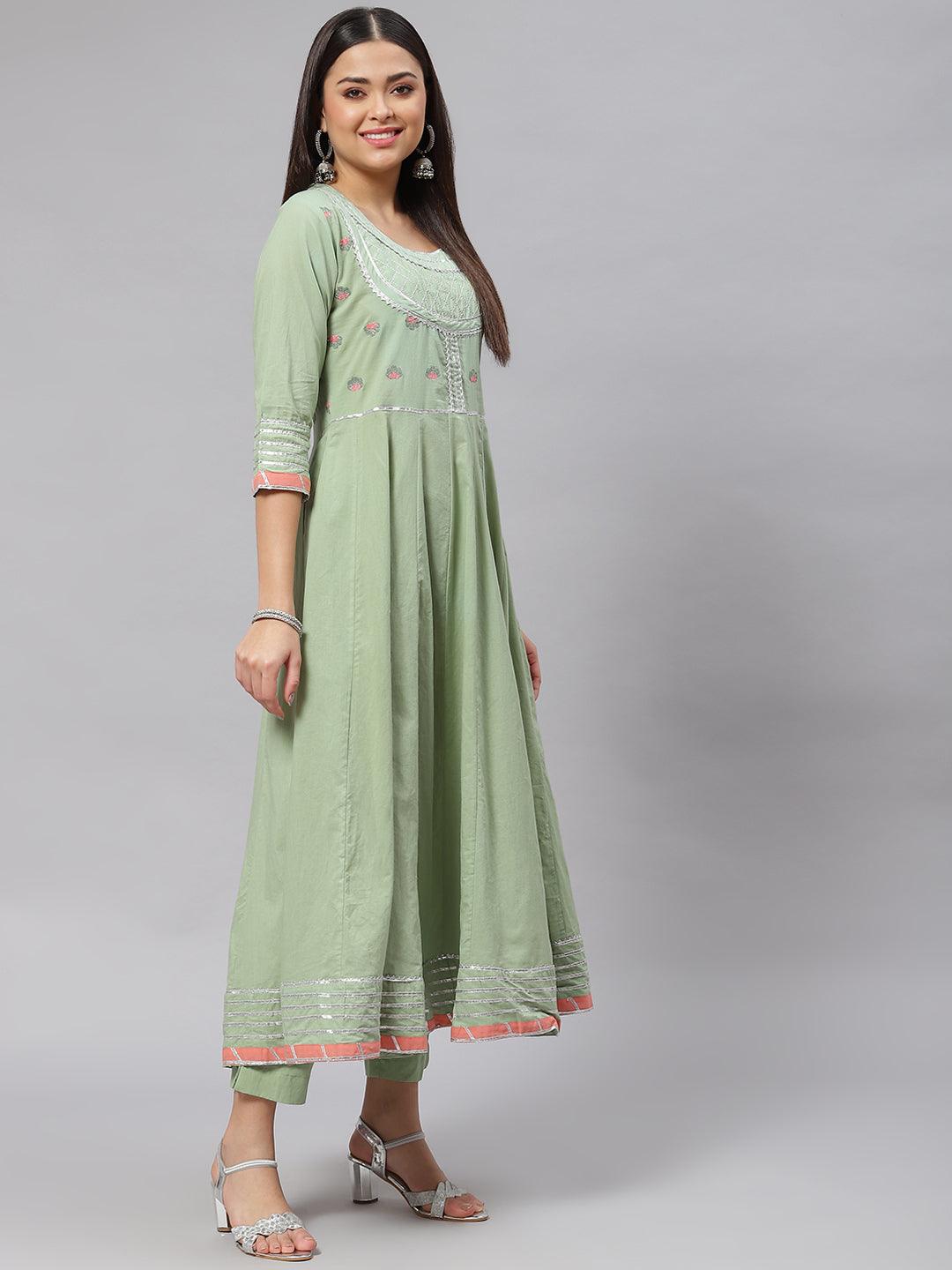  Solid Green Anarkali Kurta Pant Set with Kota doria dupatta -  world