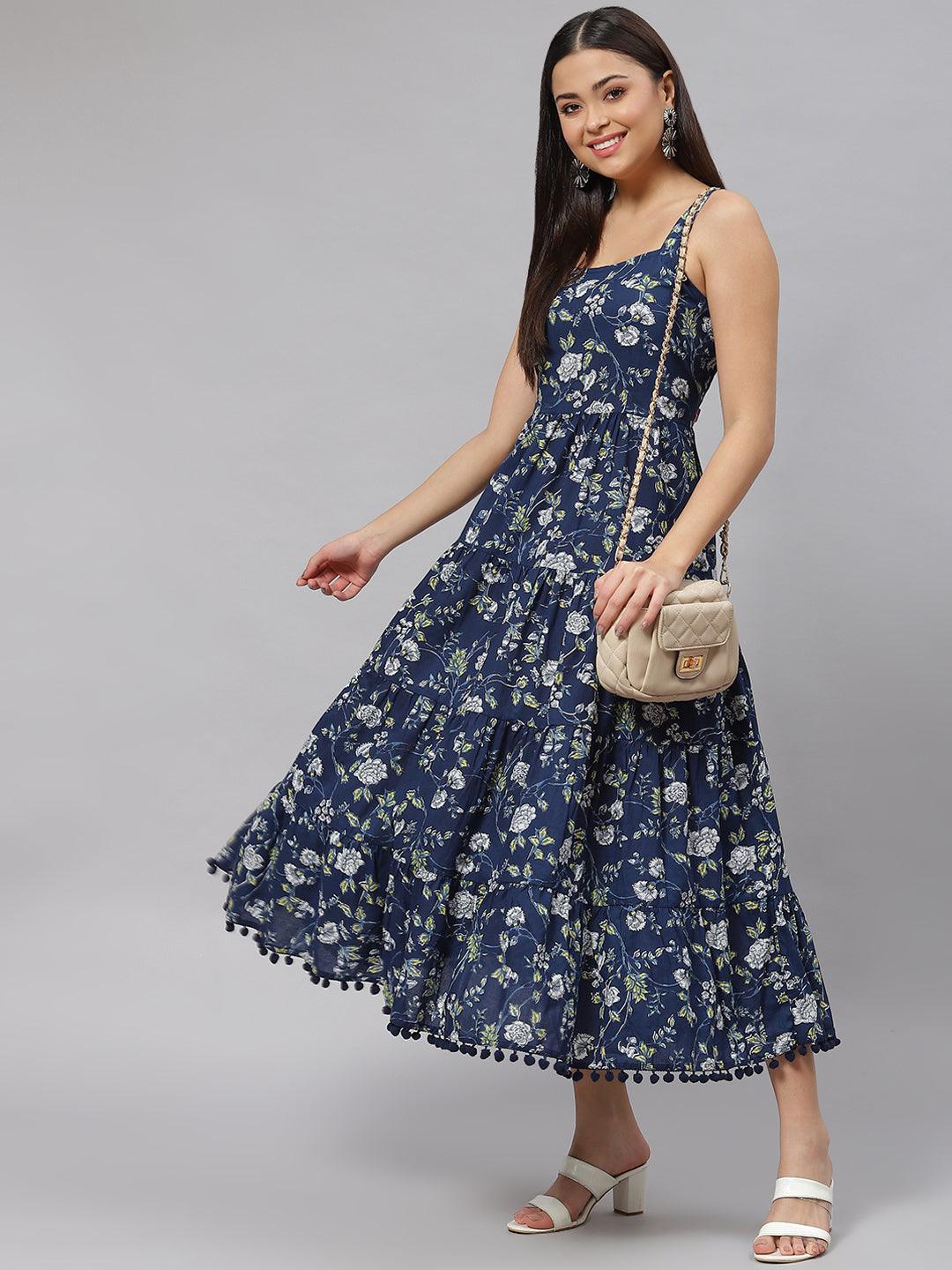  Blue Floral Shoulder Strip Long Dress -  world