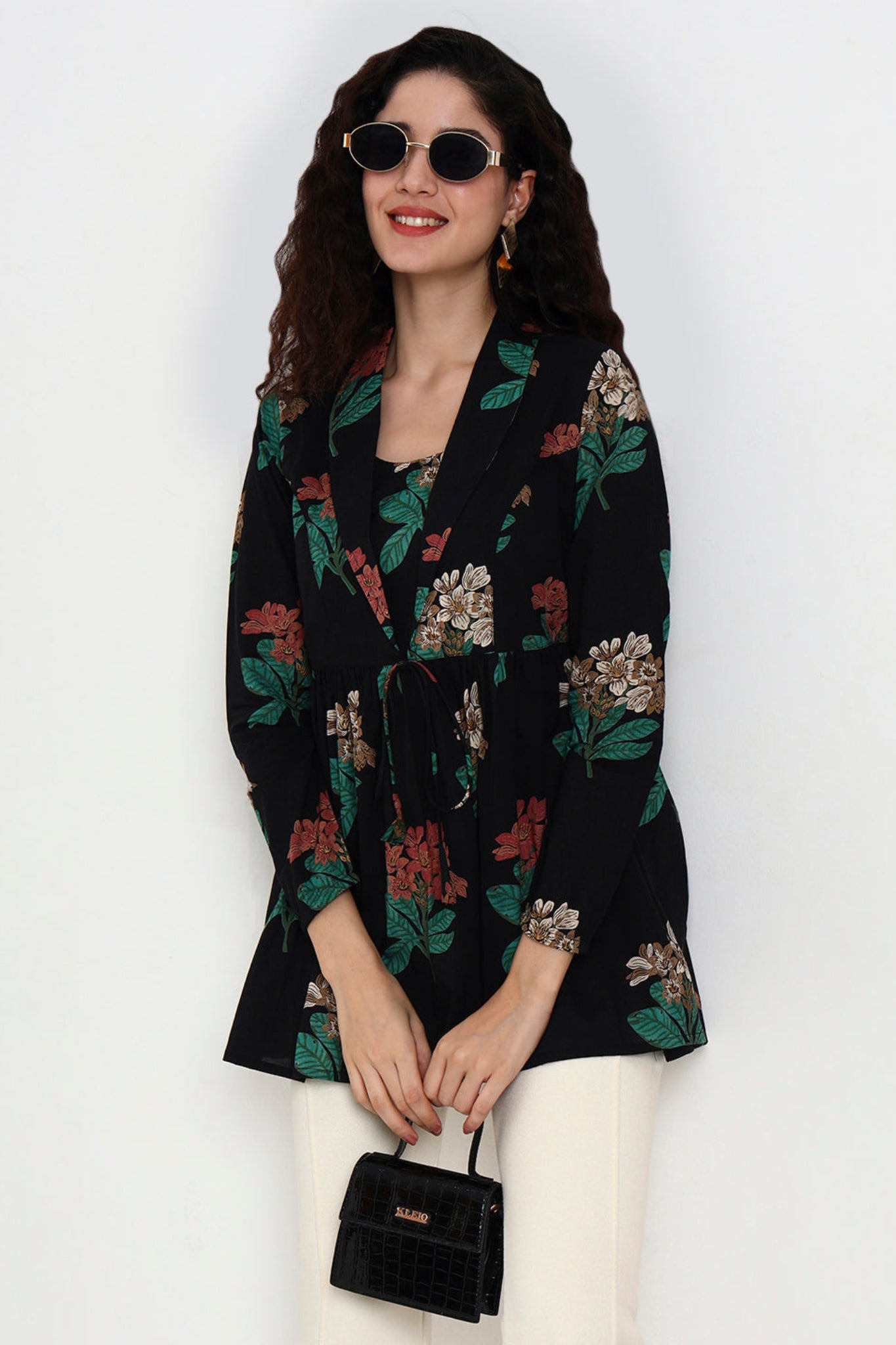 Black Floral Print Cotton Top