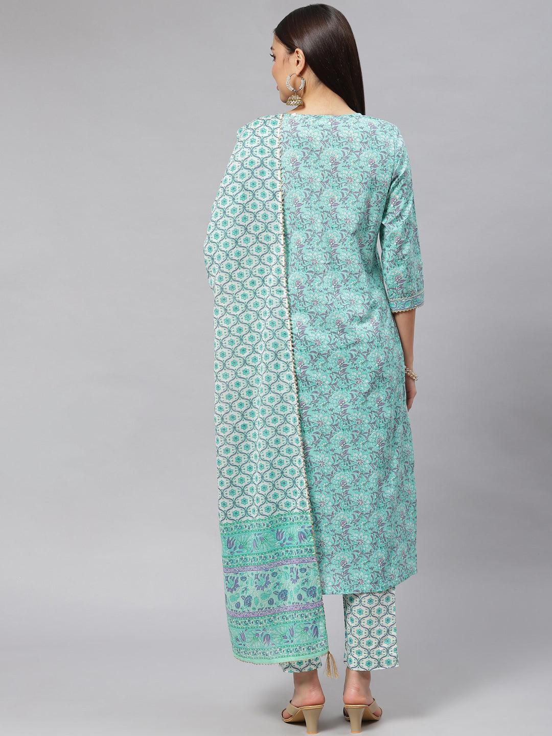  Seagreen Cotton kurta Pant set with Dupatta -  world
