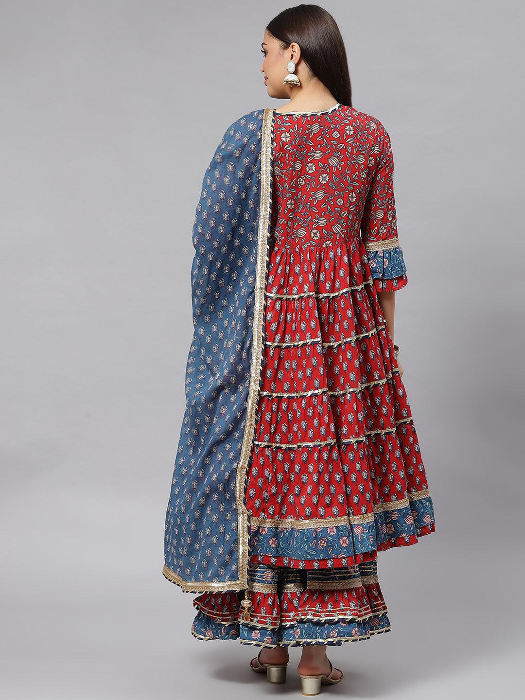  Maroon & Blue Anarkali Kurta Sharara Set with Dupatta -  world