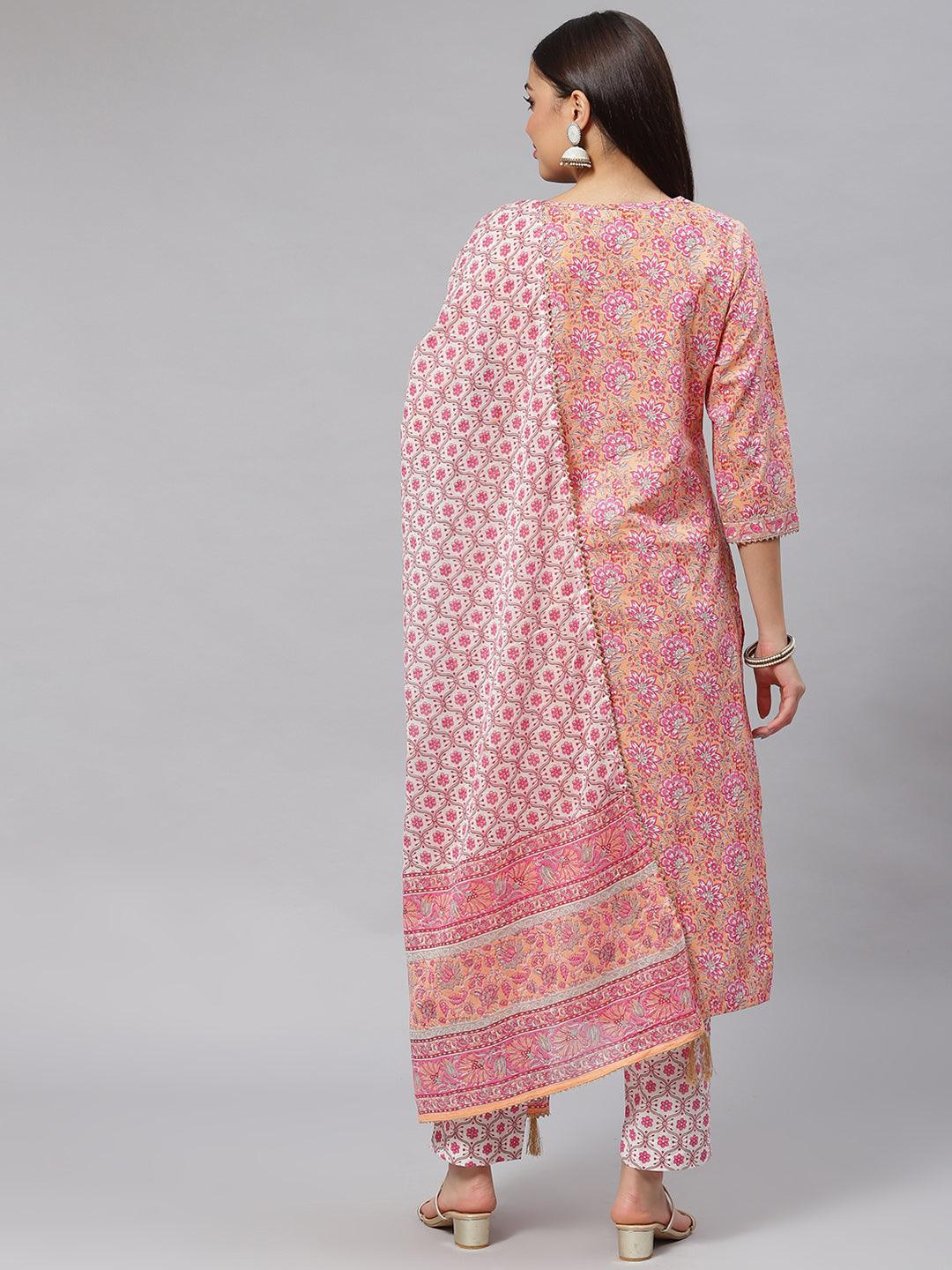  Pink Cotton kurta Pant set with Dupatta -  world