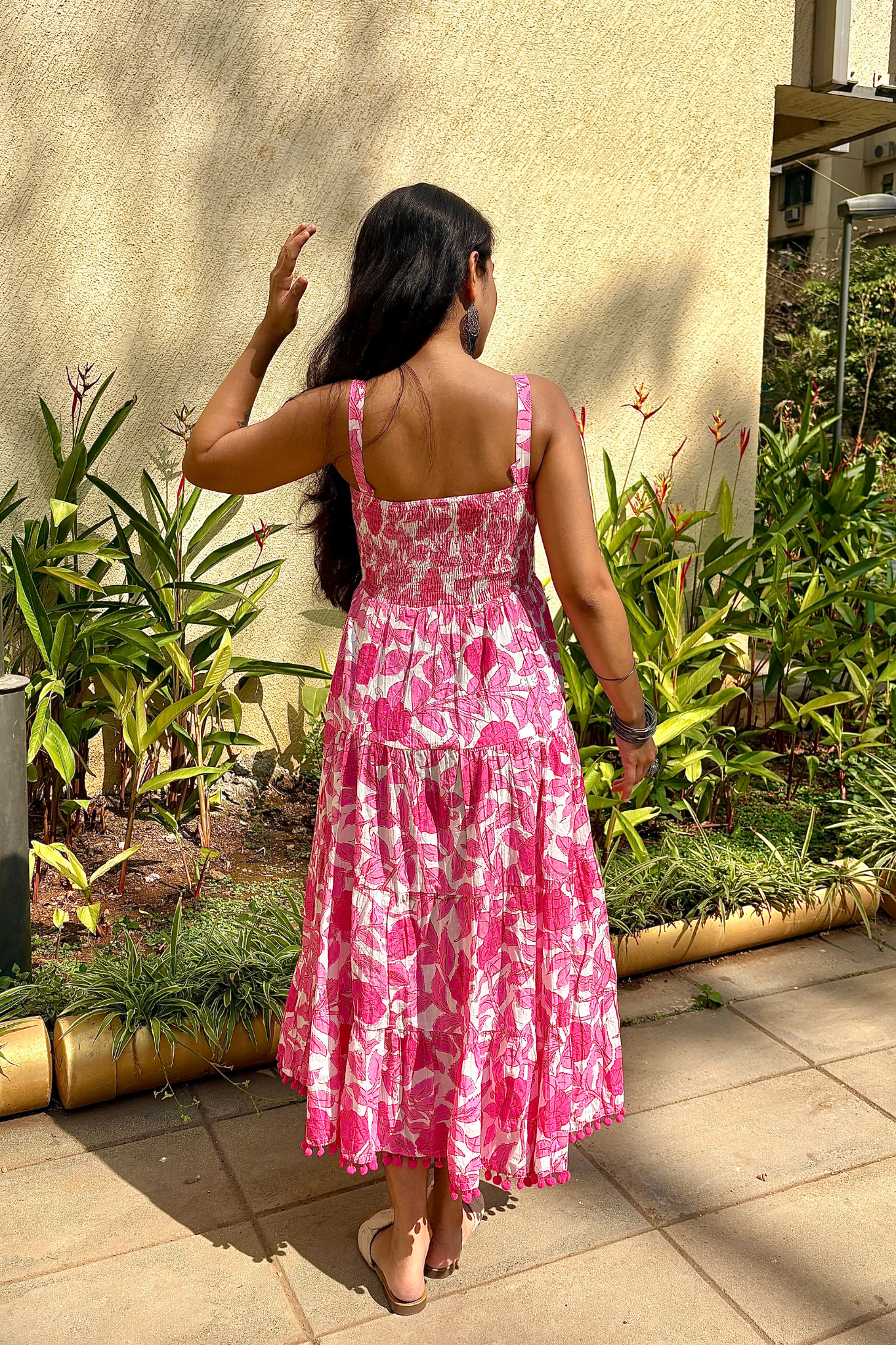 white & Pink Floral Shoulder Strip Long Dress