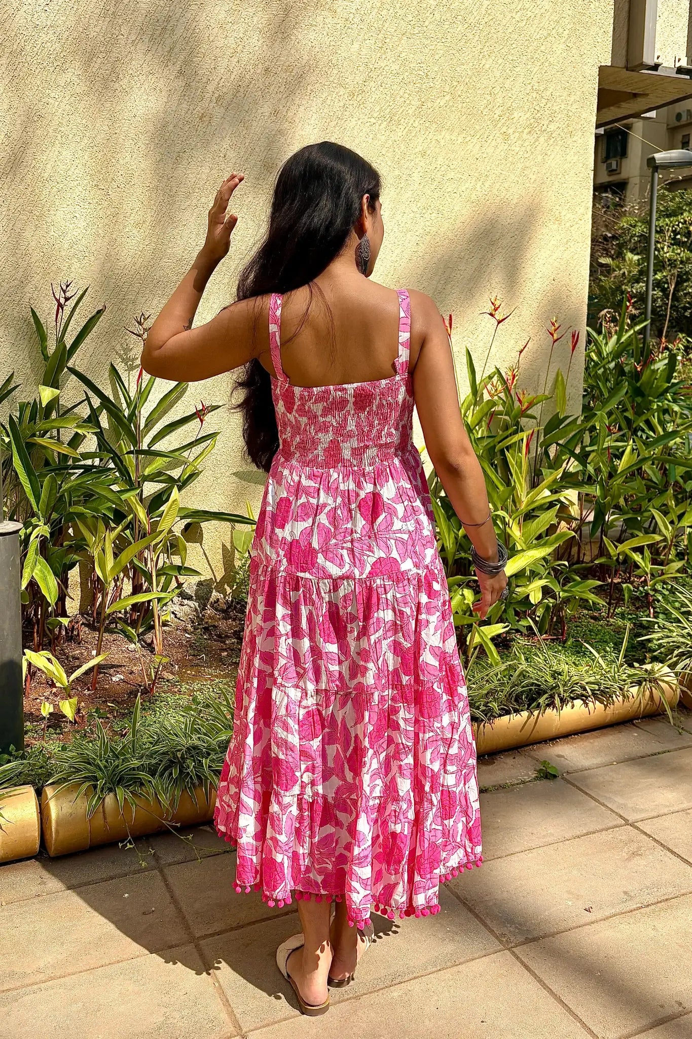 white & Pink Floral Shoulder Strip Long Dress