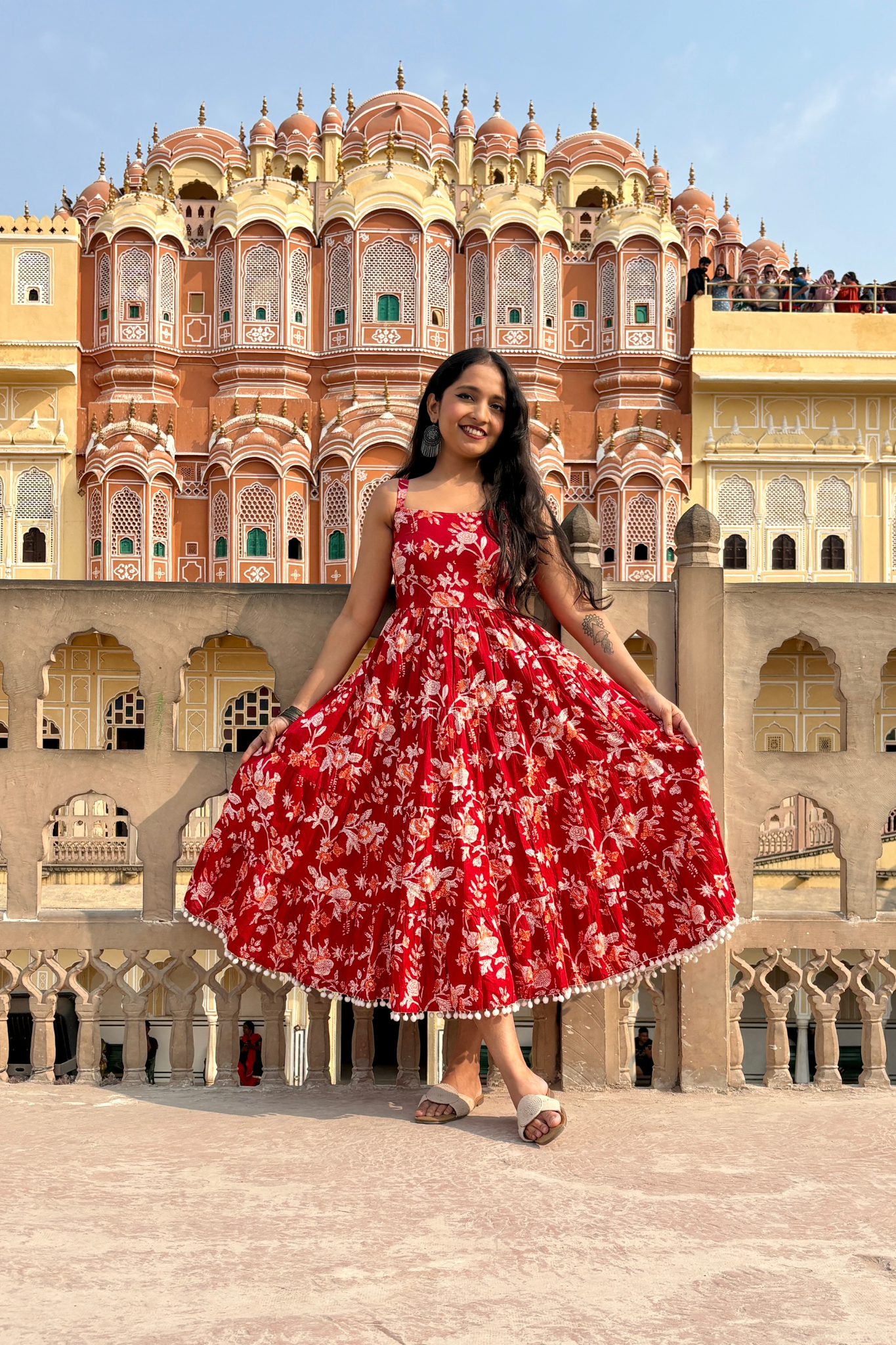 Red Floral Printed Shoulder Strap Long dress