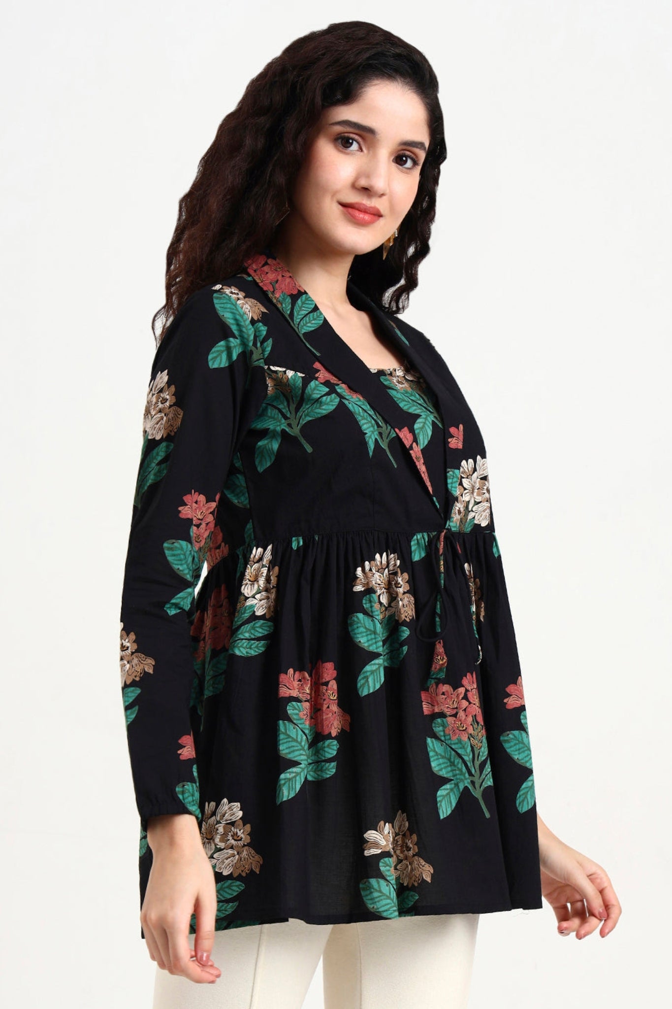 Black Floral Print Cotton Top
