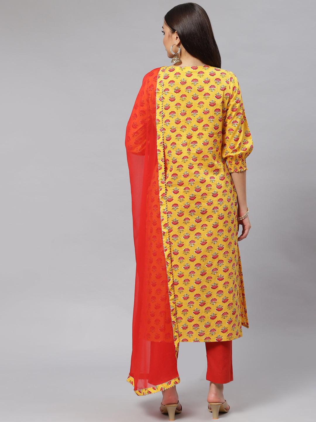  Yellow Floral Cotton Kurta Pant Set with Dupatta -  world