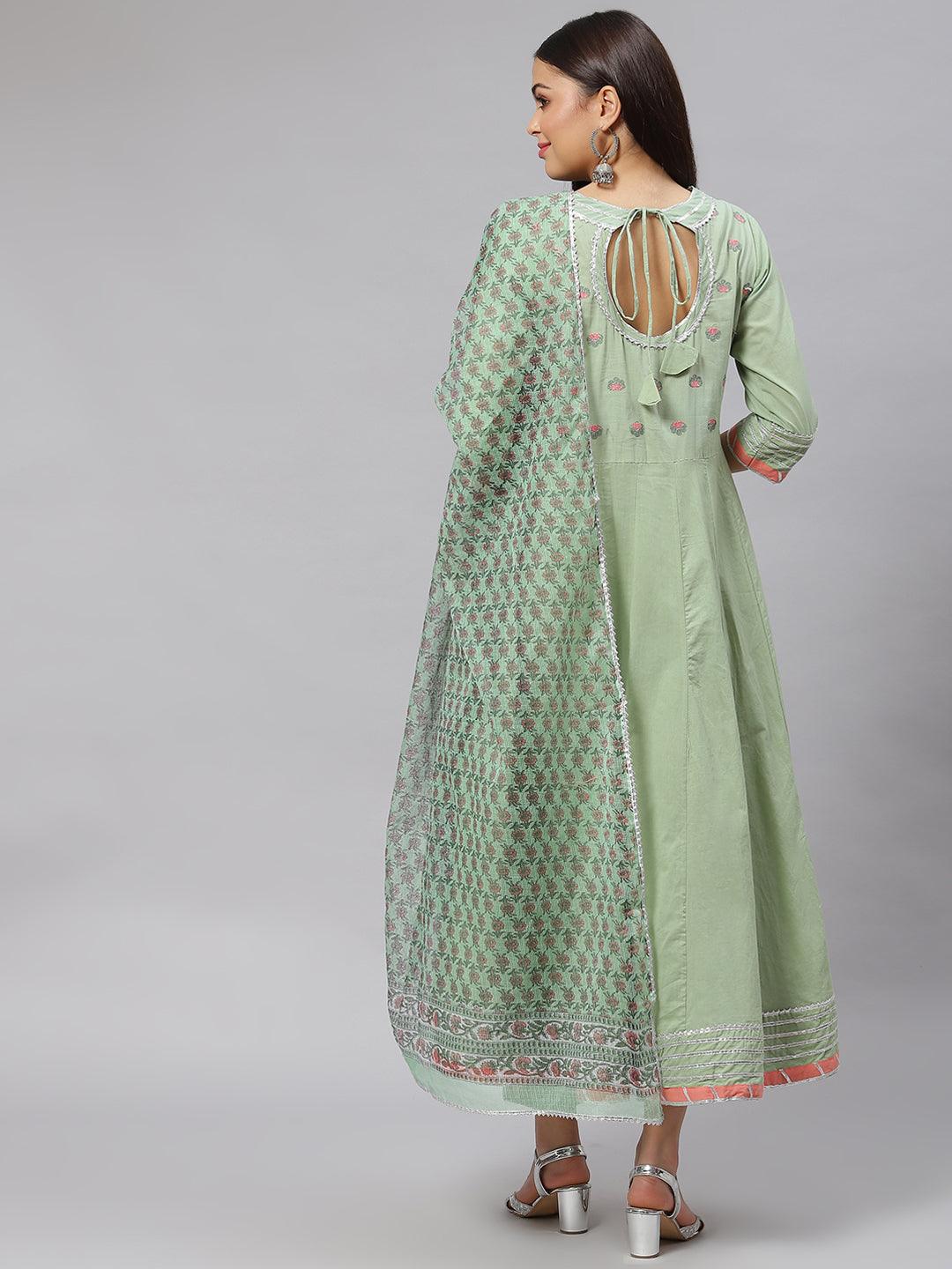  Solid Green Anarkali Kurta Pant Set with Kota doria dupatta -  world