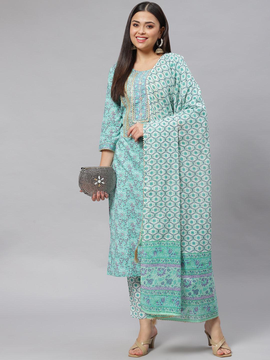  Seagreen Cotton kurta Pant set with Dupatta -  world