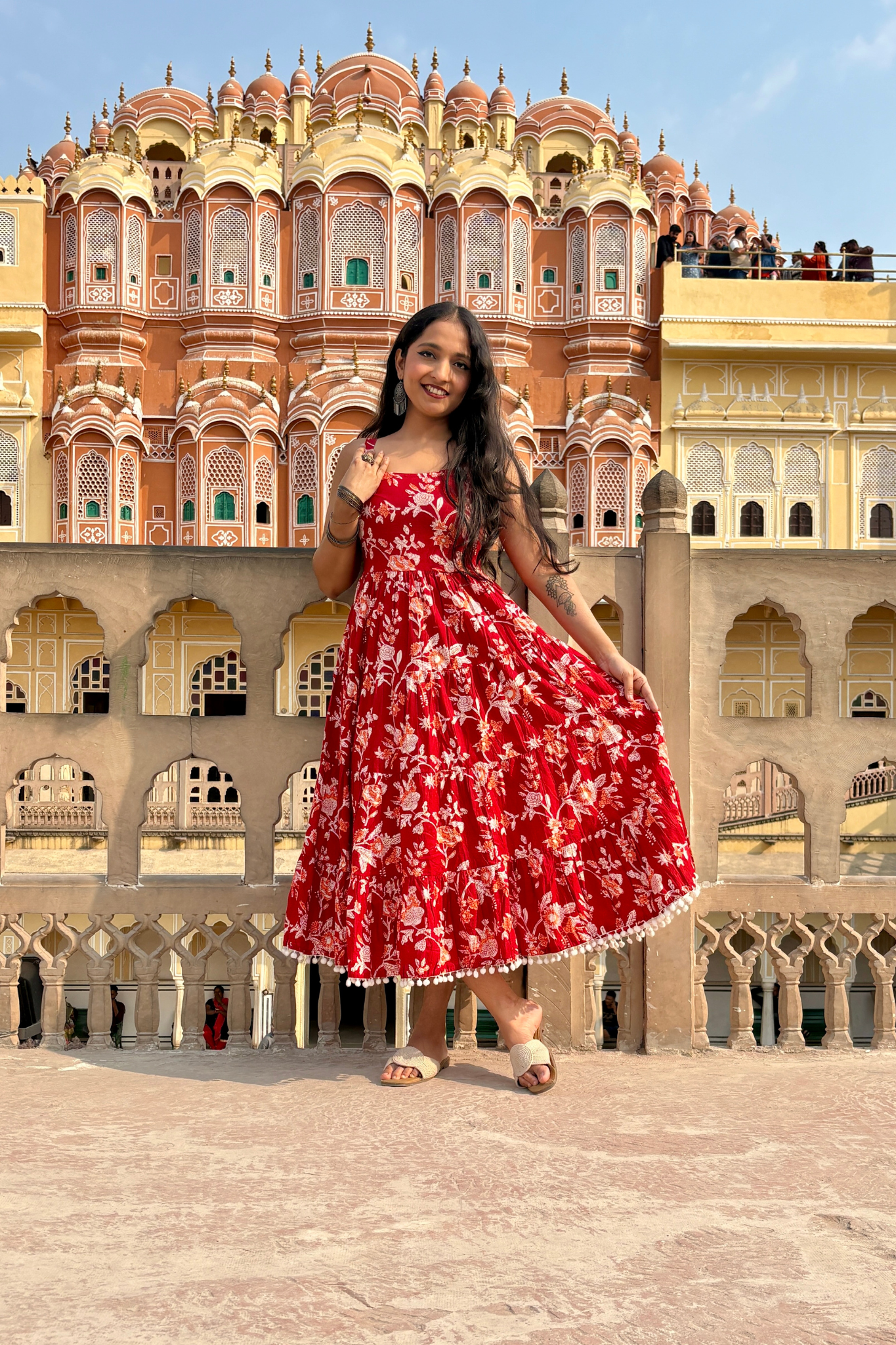 Red Floral Printed Shoulder Strap Long dress