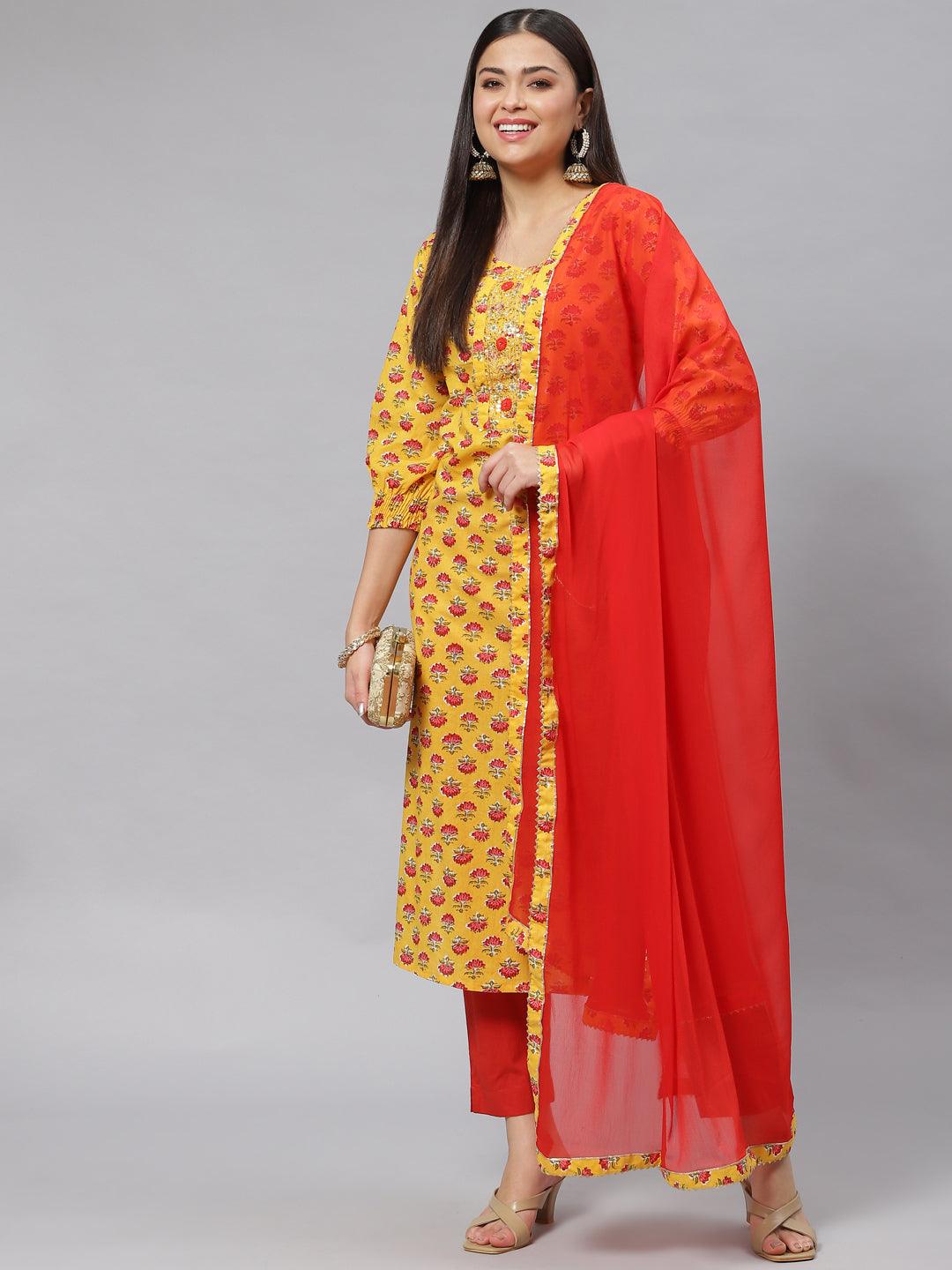  Yellow Floral Cotton Kurta Pant Set with Dupatta -  world