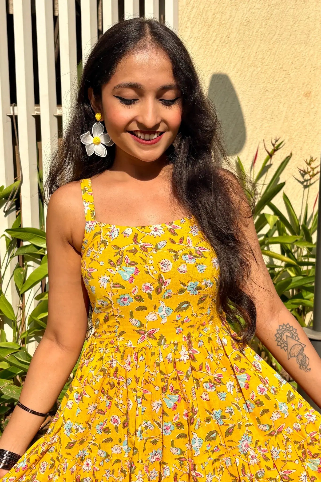 Yellow Floral Shoulder Strip Long Dress