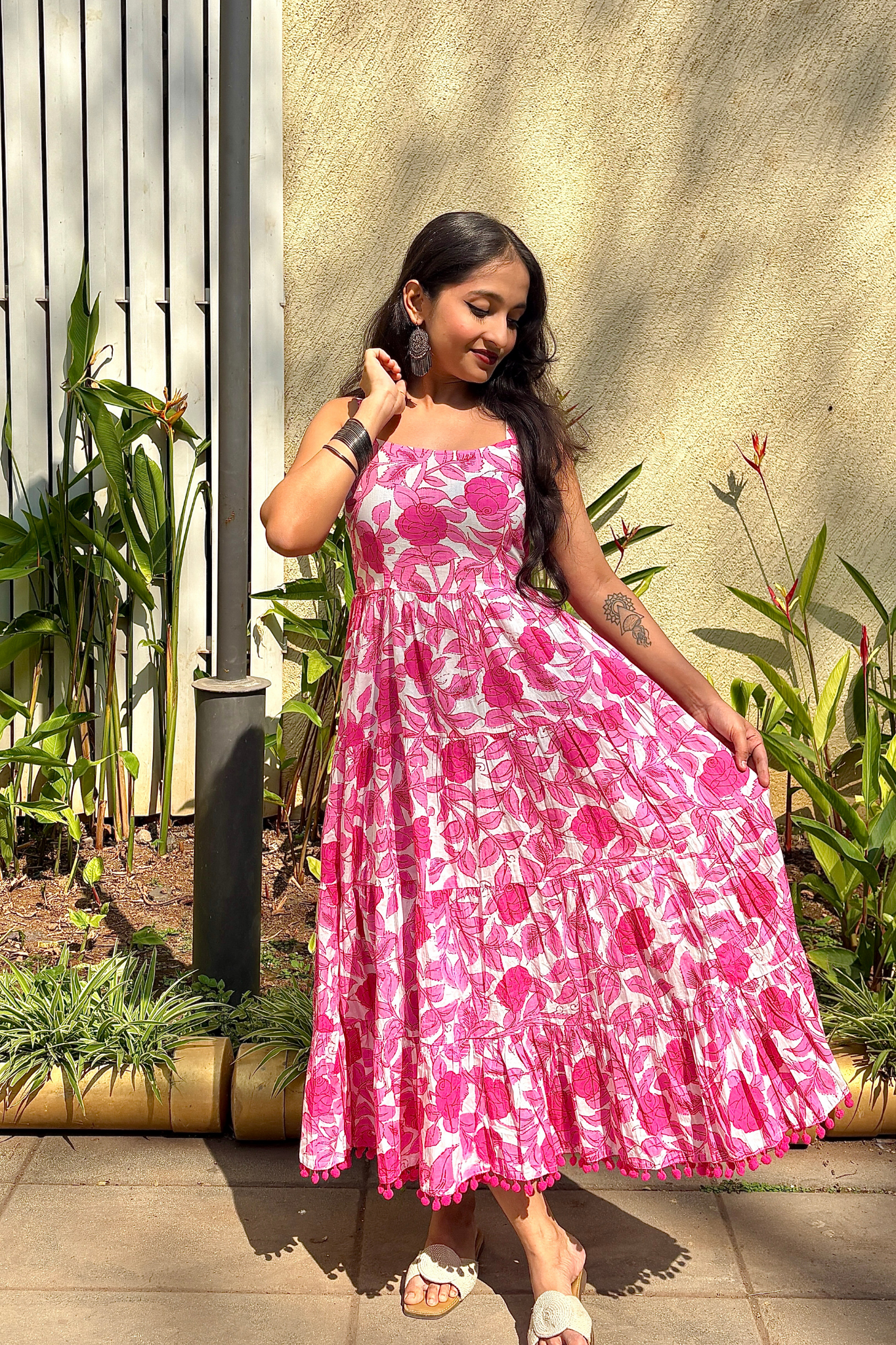white & Pink Floral Shoulder Strip Long Dress