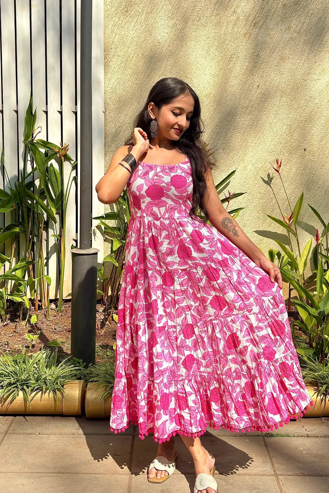 white & Pink Floral Shoulder Strip Long Dress
