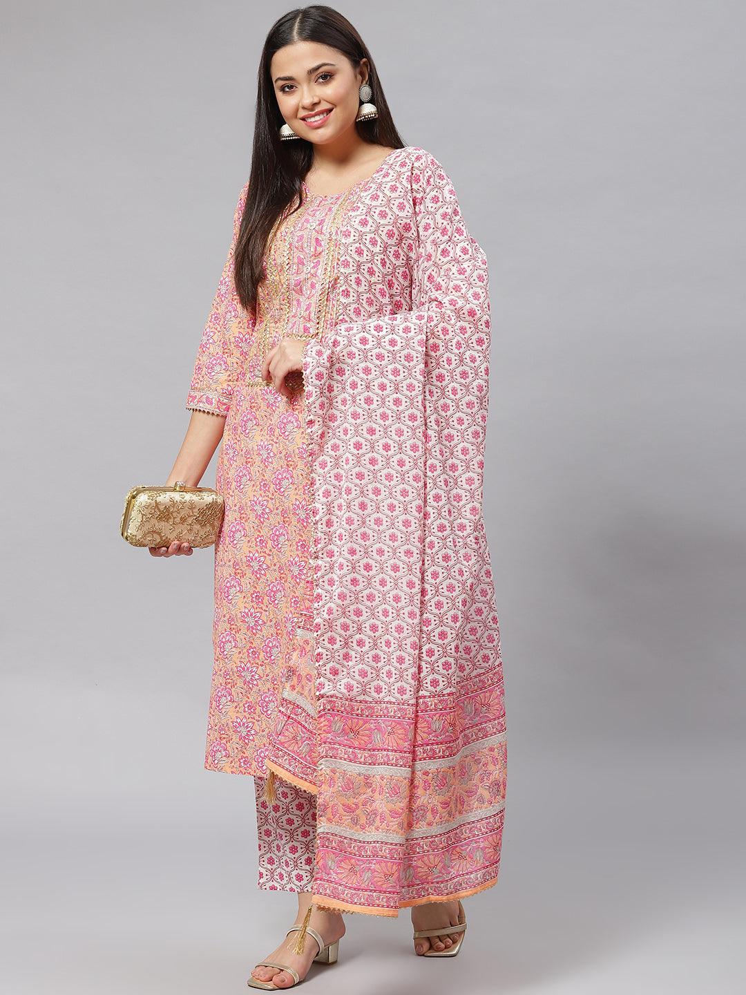  Pink Cotton kurta Pant set with Dupatta -  world