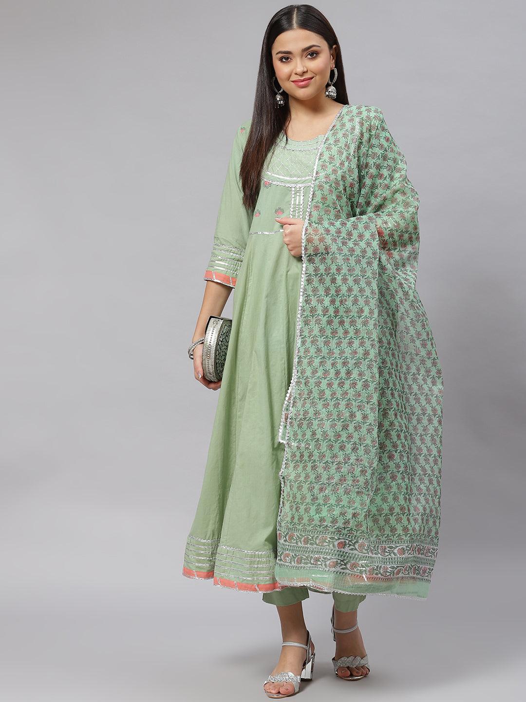  Solid Green Anarkali Kurta Pant Set with Kota doria dupatta -  world